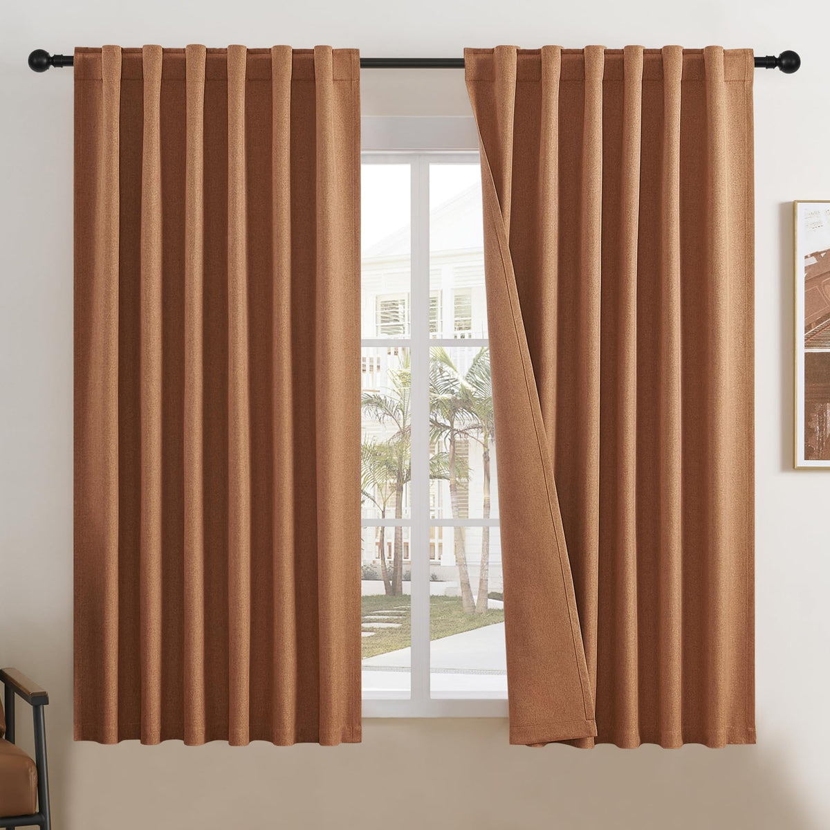 Dualife Blackout Linen Curtains 2 Panels Set 63 Inch Length For Bedroom-Rod Pocket Back Tab Hook Belt Drapes Boho Fall D  Cor Mi