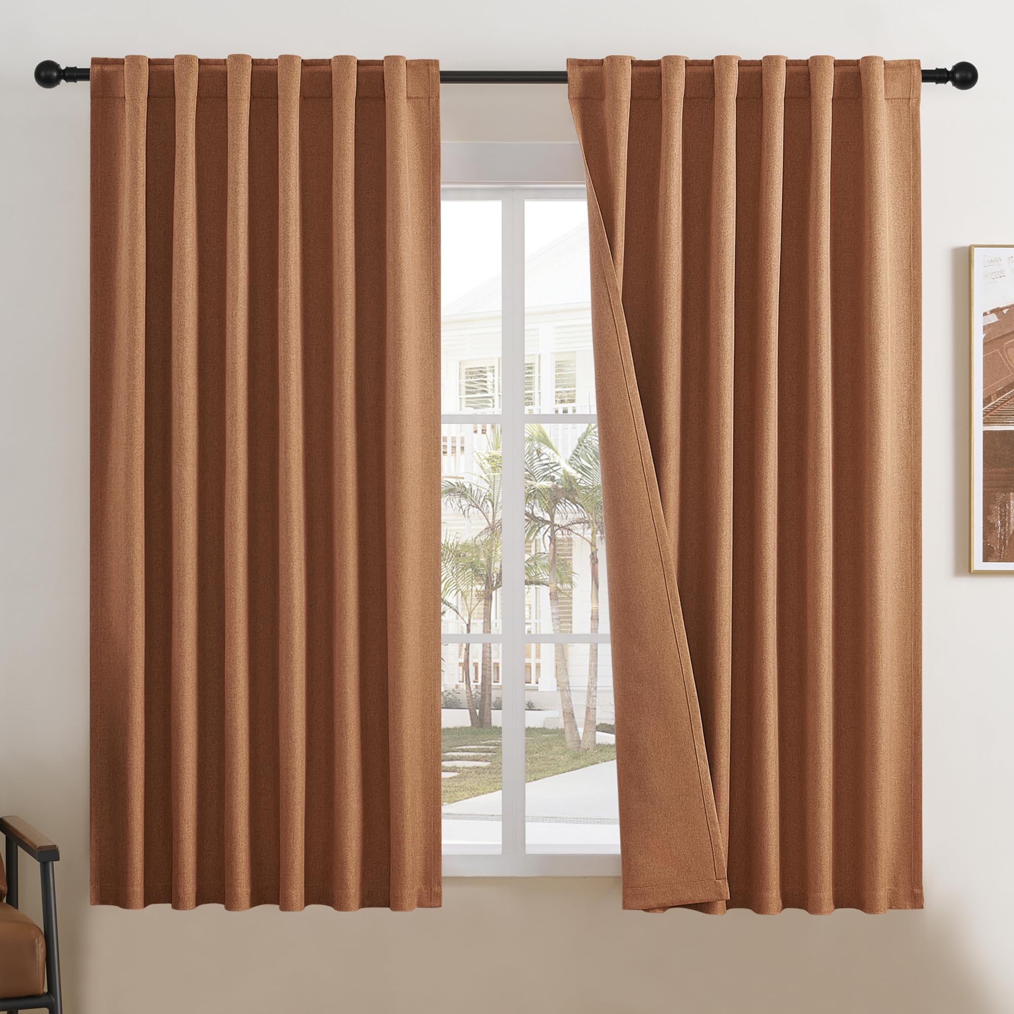 Dualife Blackout Linen Curtains 2 Panels Set 63 Inch Length For Bedroom-Rod Pocket Back Tab Hook Belt Drapes Boho Fall D  Cor Mi