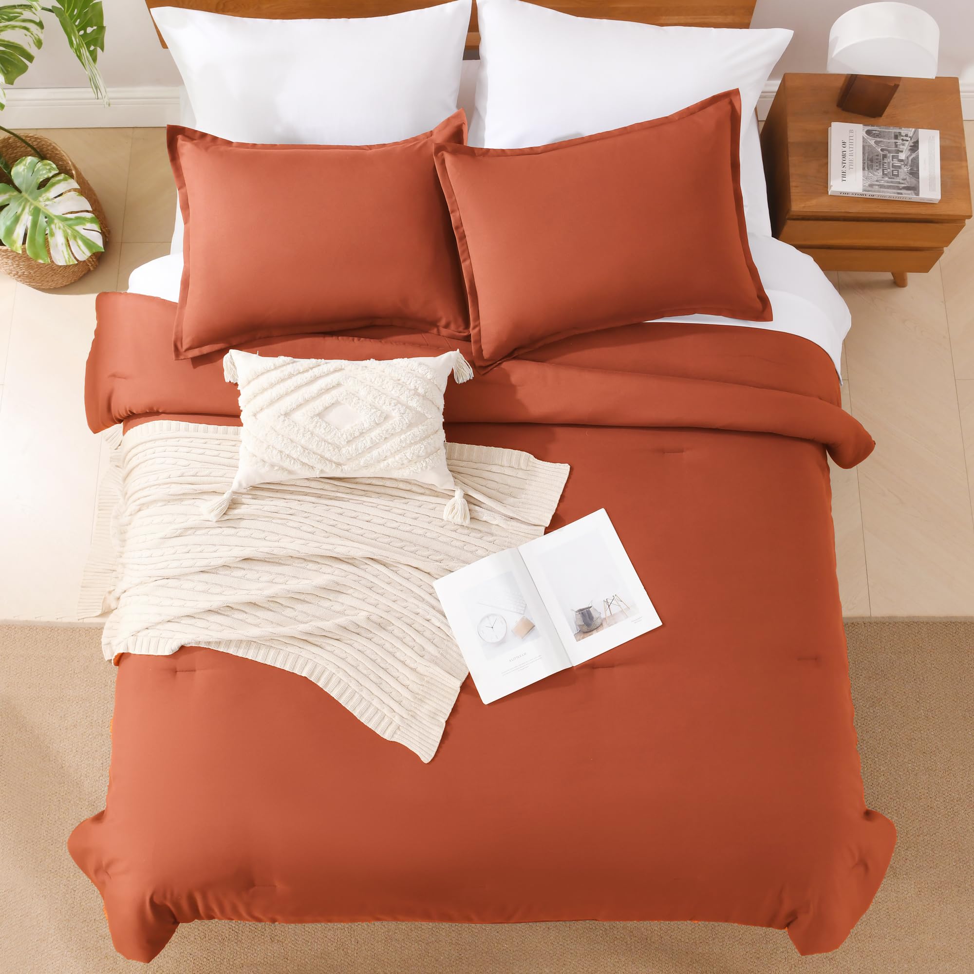 Andency Burnt Orange King Size Comforter Set - 7 Pieces Terracotta Bed In A Bag King Bedding Comforter Sets, Summer Solid Soft Lightweight Comforter With Sheets, Pillowcases & Shams