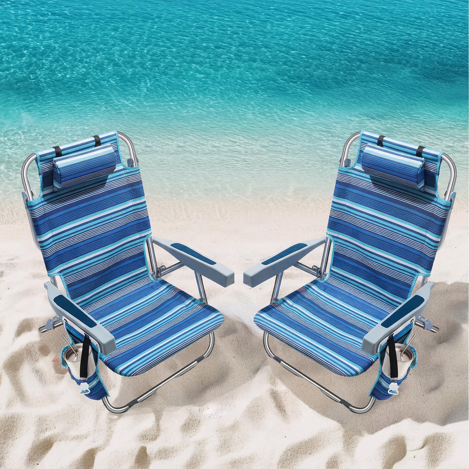 PASAMIC Backpack Beach Chairs for Adults 2 Pack Portable, Lay Flat Reclining Beach Chairs with 5 Positions, Tall Heavy Duty Fold