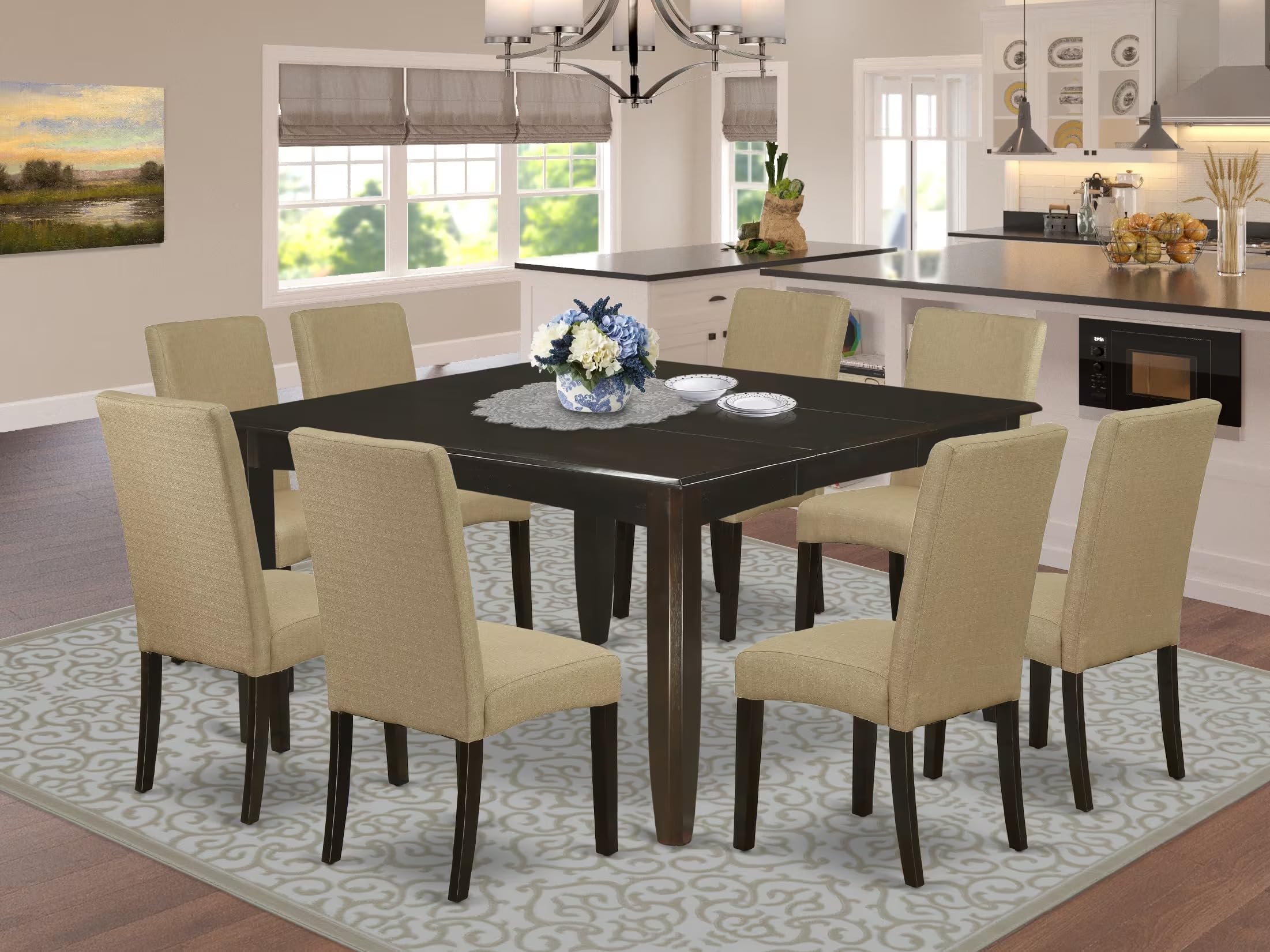 East West Furniture Pfdr9-Cap-03 9 Piece Dining Set Includes A Square Dining Room Table With Butterfly Leaf And 8 Brown Linen Fabric Upholstered Parson Chairs, 54X54 Inch, Cappuccino