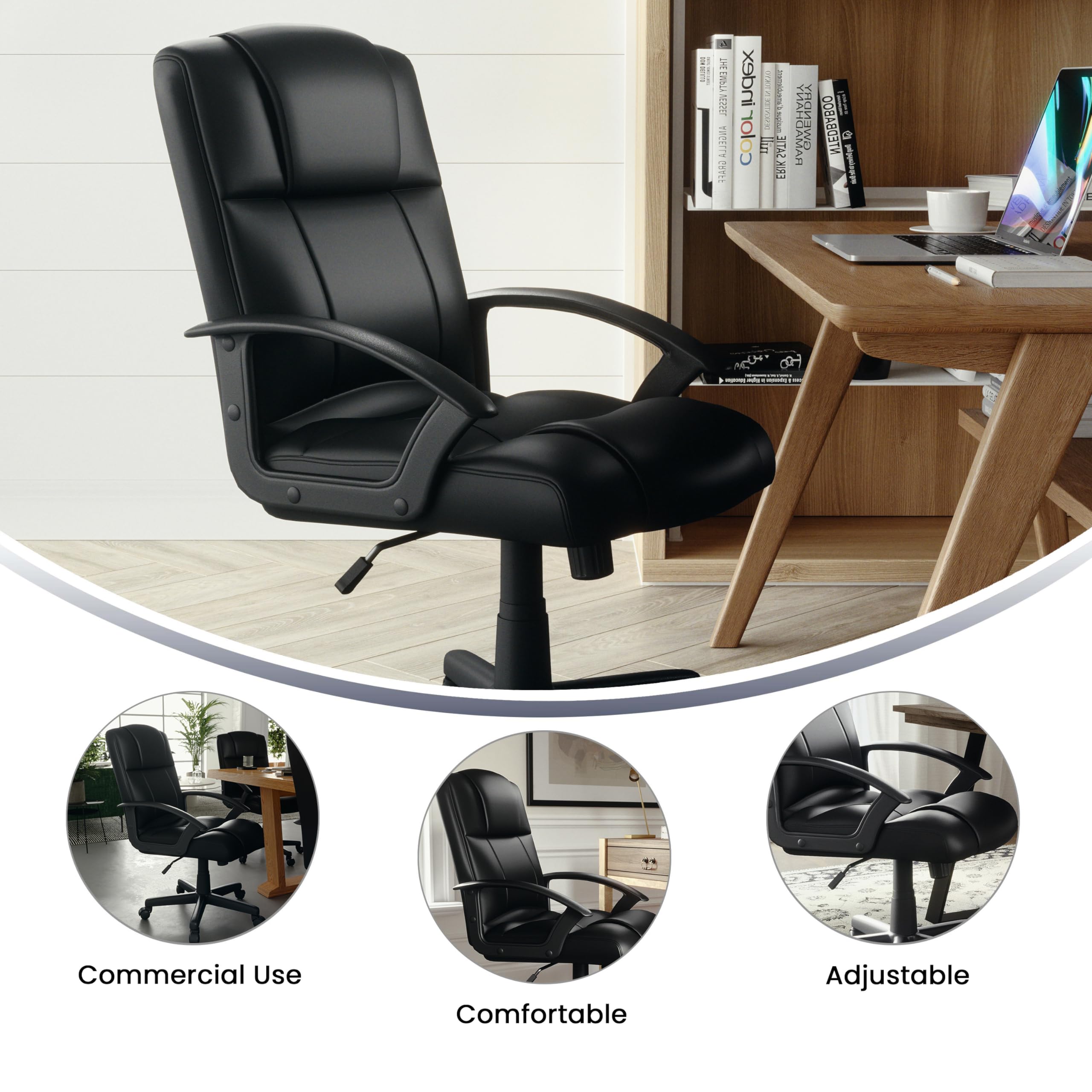 Flash Furniture Coffman Flash Fundamentals Mid-Back Leathersoft Office And Gaming Chair, Ergonomic Office Chair With Padded Leathersoft Seat And Arms, Black