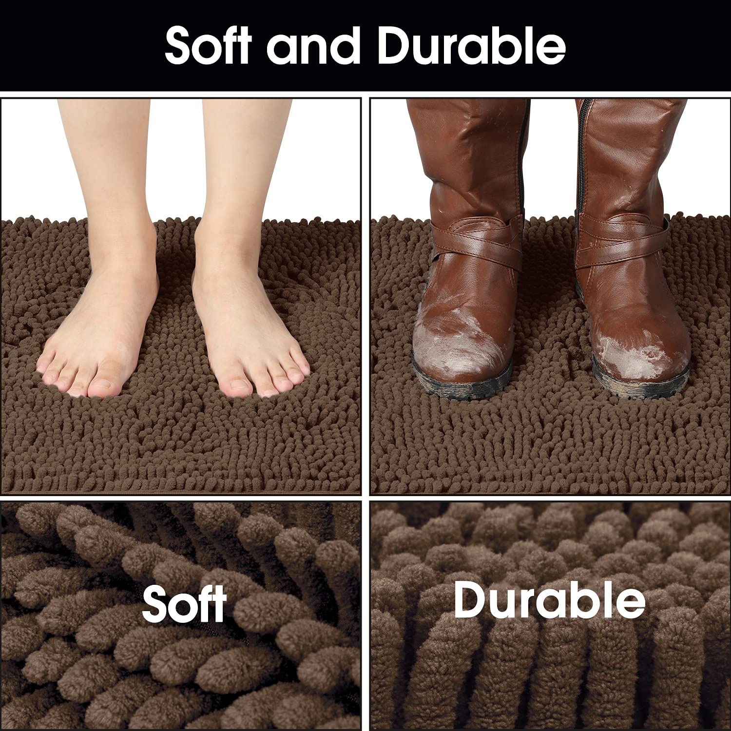 Homeideas Absorbent Chenille Door Mat Indoor, 20“X32”, Dirt Trapper Machine Washable Non Slip Throw Rugs For Entryway, Entrance, Mud Room, Thick Welcome Doormat, Brown