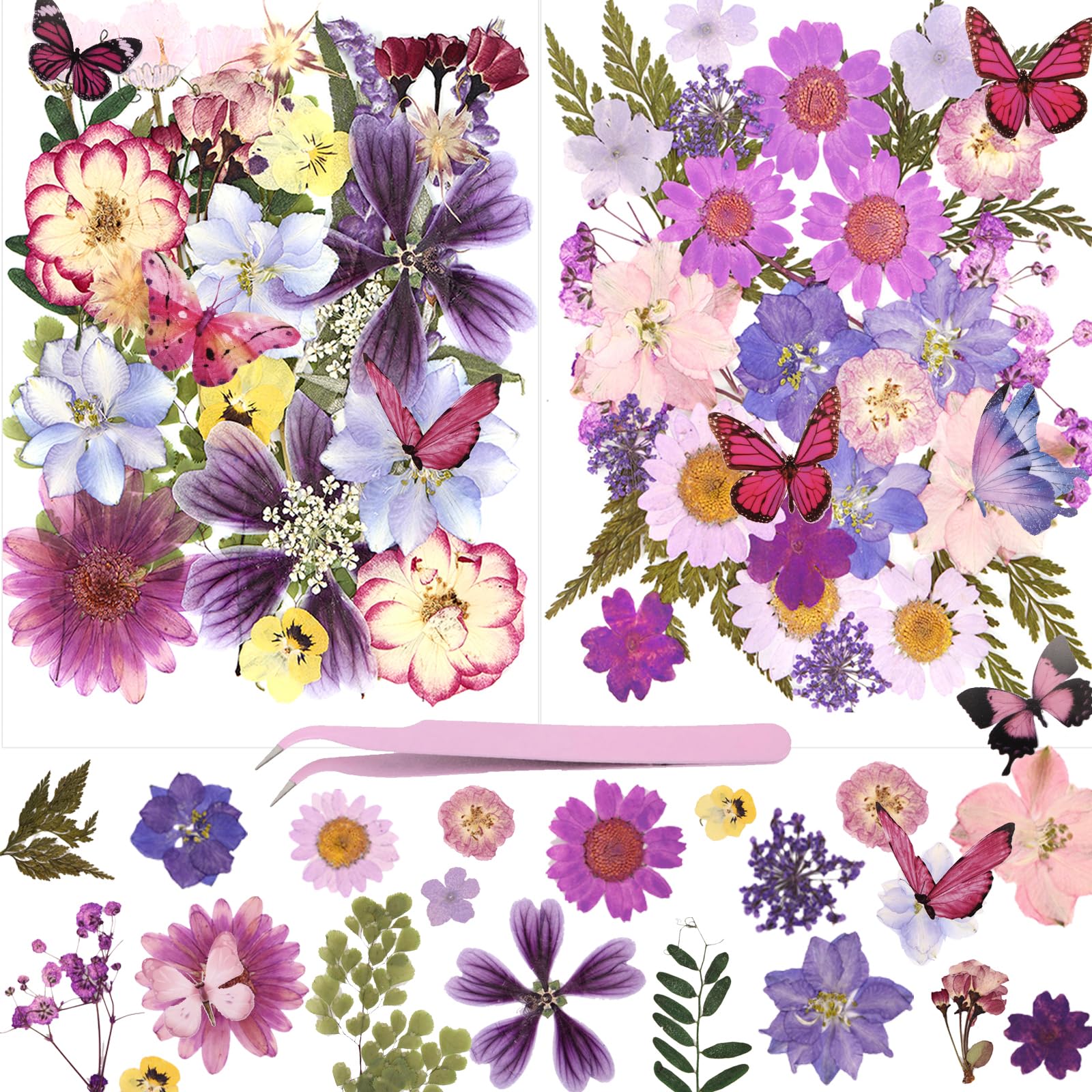 NATISERAUM 95Pcs Natural Pressed Dried Flowers Resin and Butterflies, Dry Flowers for Resin Accessories with Tweezer, Dried Flow