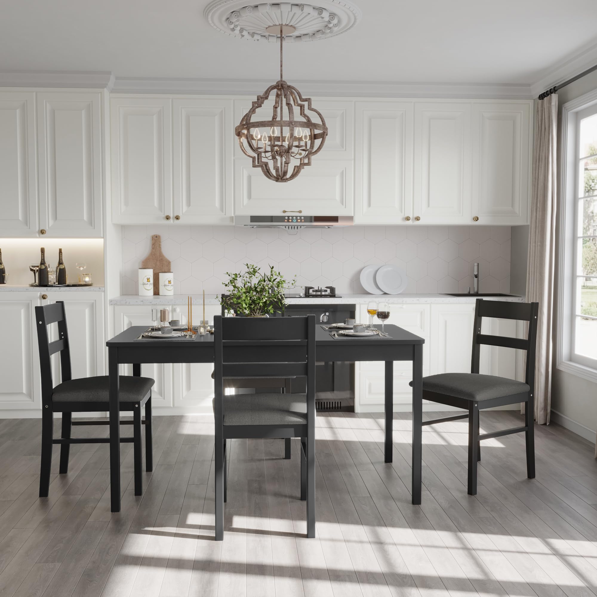 Orweiin 5-Piece Solid Wood Indoor Modern Rectangular Dining Table Set For 4,Table And 4 Chairs Set With Soft Cushions For Kitche