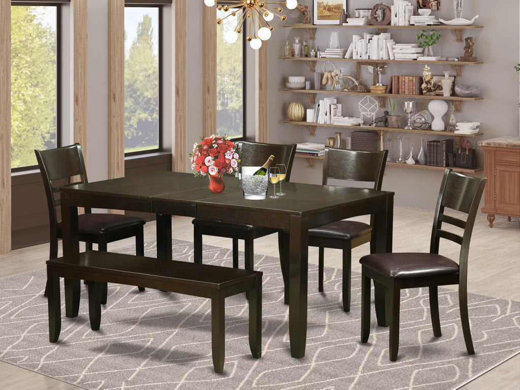 East West Furniture LYFD6-CAP-LC Lynfield 6 Piece Set Contains a Rectangle Dining Room Table with Butterfly Leaf and 4 Faux Leather Kitchen Chairs with a Bench, 36x66 Inch