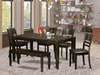 East West Furniture LYFD6-CAP-LC Lynfield 6 Piece Set Contains a Rectangle Dining Room Table with Butterfly Leaf and 4 Faux Leather Kitchen Chairs with a Bench, 36x66 Inch