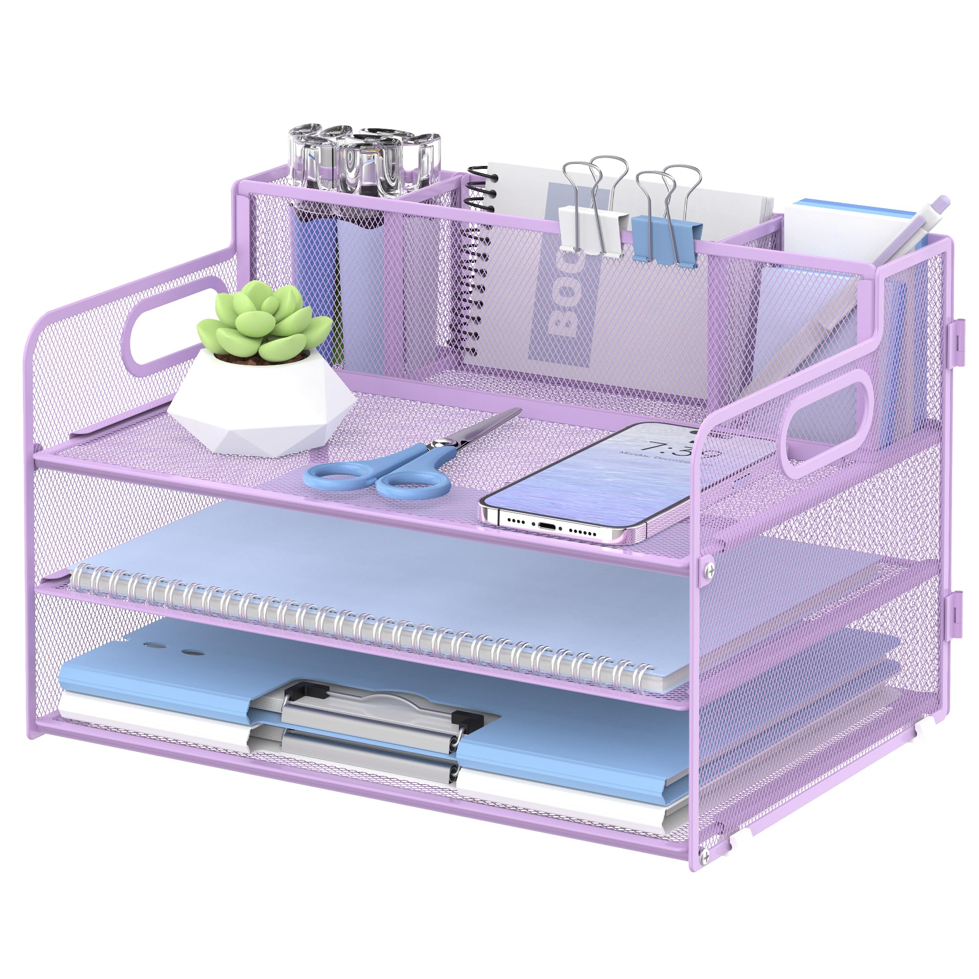 Supeasy 3 Tier Desk Organizer With Handle & 3 Pen Holders, Mesh Paper/File Organizer For Desk, Paper Letter Tray Organizer For O