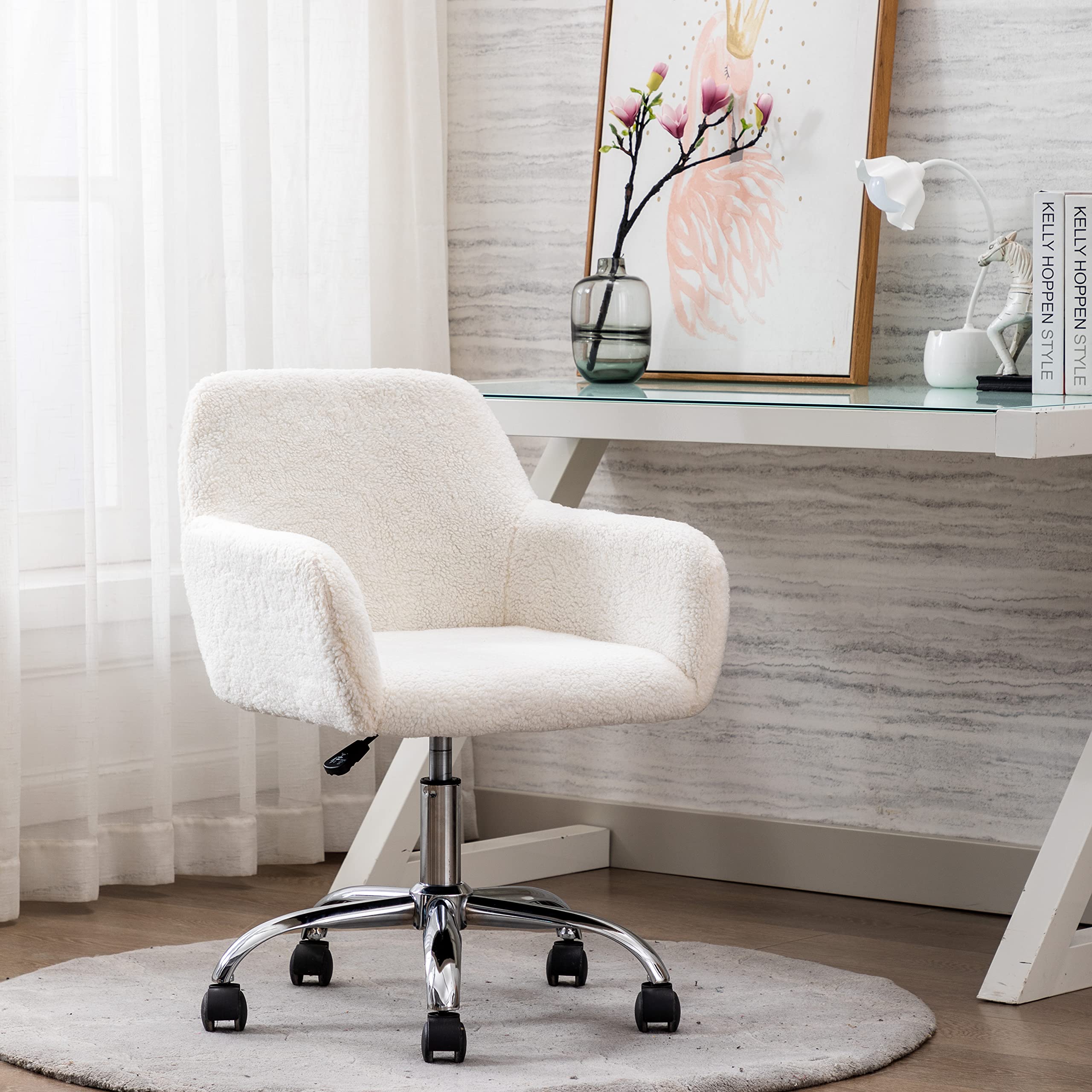 Homvent Fluffy Desk Chair Pink Faux Fur Vanity Chair Adjustable Swivel Computer Chair On Wheels Height Adjustable Cute Desk Chai