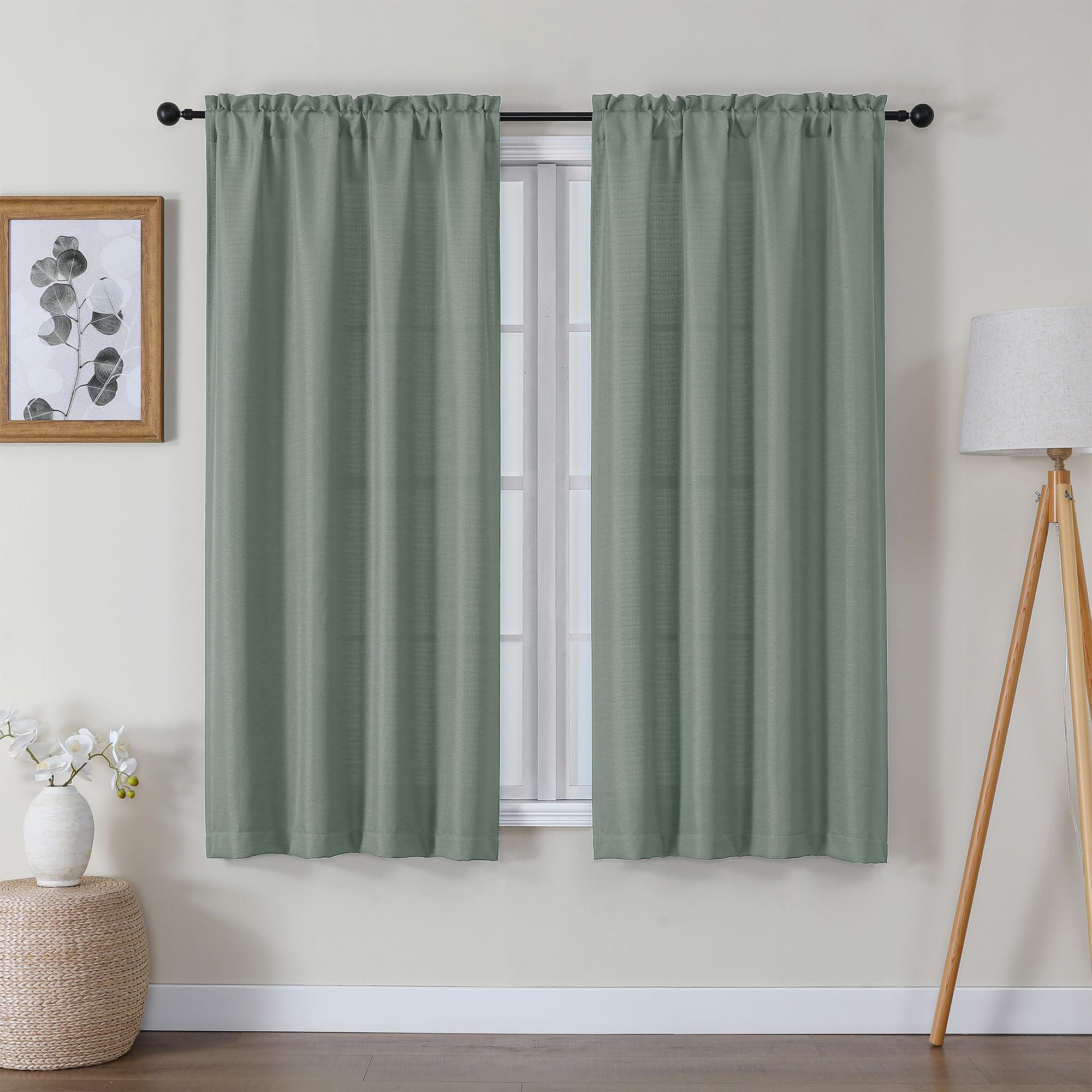 Lecloud Bessie Sage Green Curtains 63 Inch Length 2 Panels, Gentle Classical Light Filtering Faux Linen Textured Curtains, Airy 