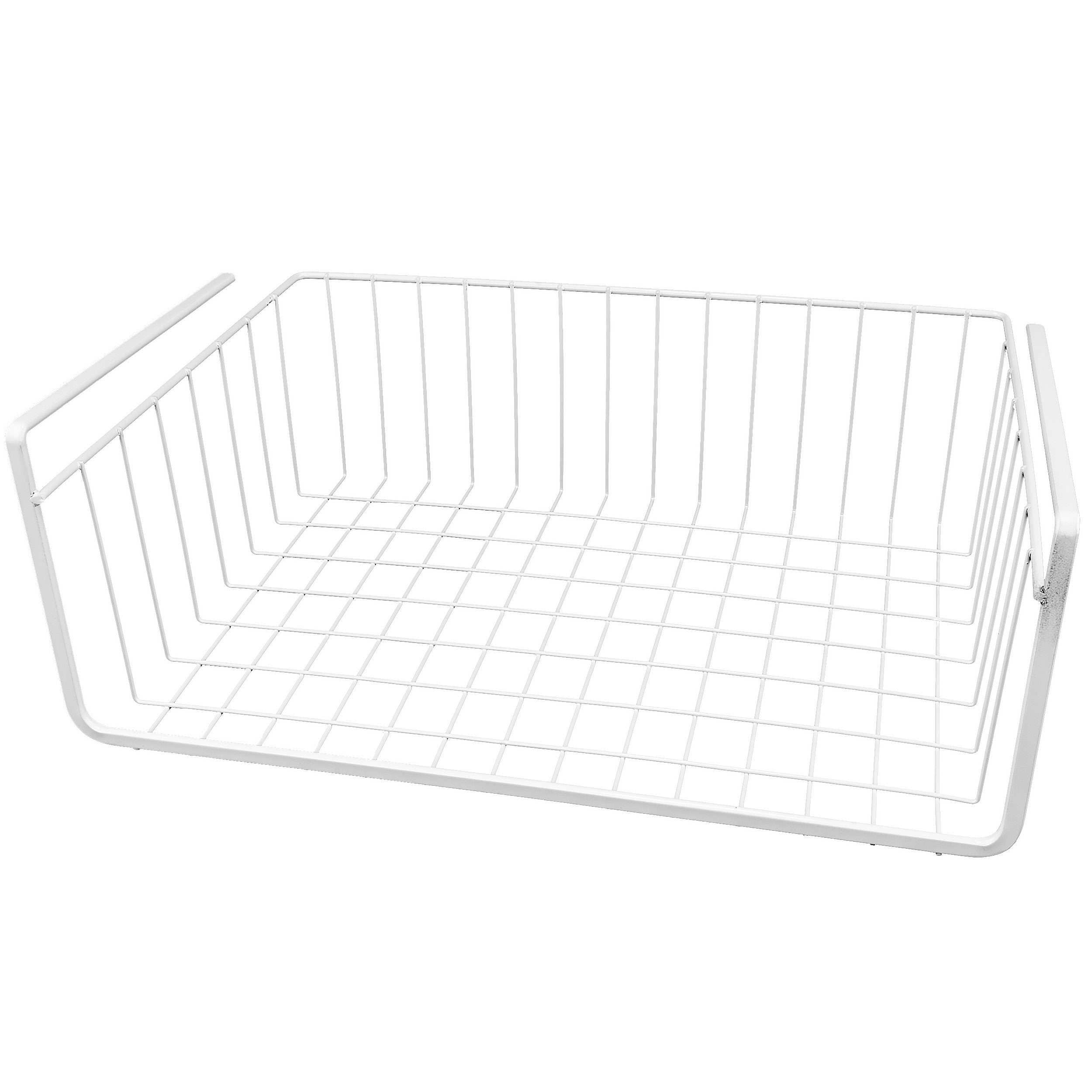 15 inch Easy Install White Wire Under Cabinet Wire Hanging Basket Shelf Organizer Rack For Kitchen Pantry Bathroom, White