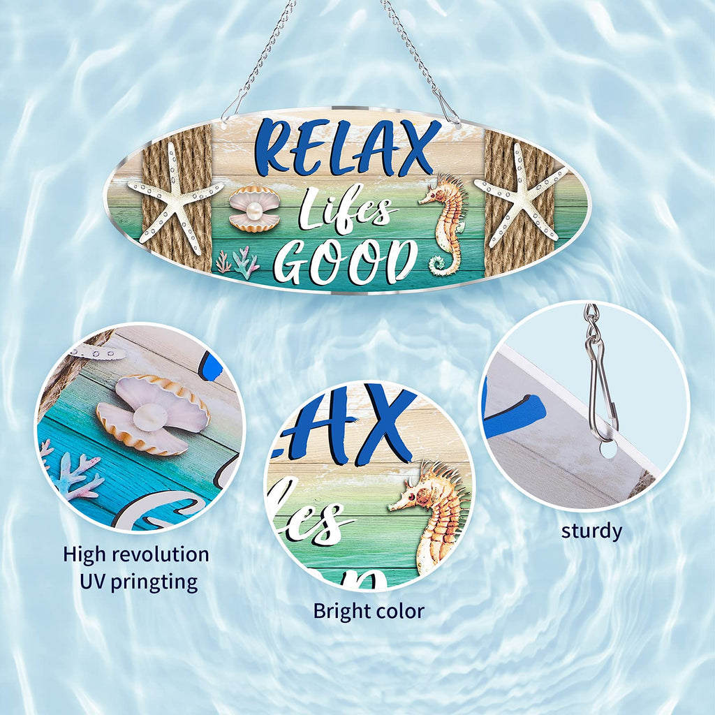 Hanging Beach Sign D  Cor, Starfish Wall D  Cor, Beach Plaque For Door With Sea Horse And Scallop, 12 X 4 Inch