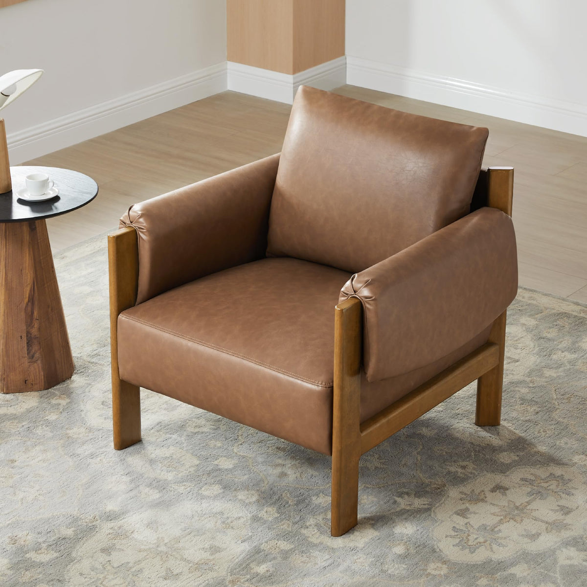 Chita Accent Chair, Mid Century Modern Upholstery Armchair For Living Room, Solid Wood Frame, Faux Leather In Saddle Brown