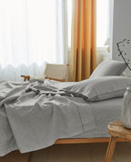 Simple&Opulence 100% Belgian Linen Sheet Set Handmade Hemstitch Light Grey Twin Size Bed Sheet-3 Pieces(1 Flat Sheet+1 Fitted Sh
