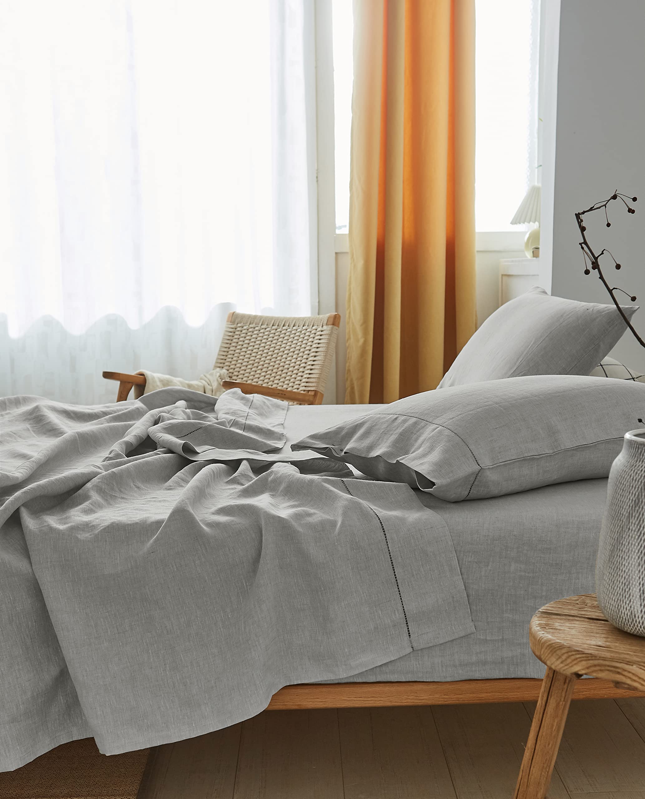 Simple&Opulence 100% Belgian Linen Sheet Set Handmade Hemstitch Light Grey Twin Size Bed Sheet-3 Pieces(1 Flat Sheet+1 Fitted Sh