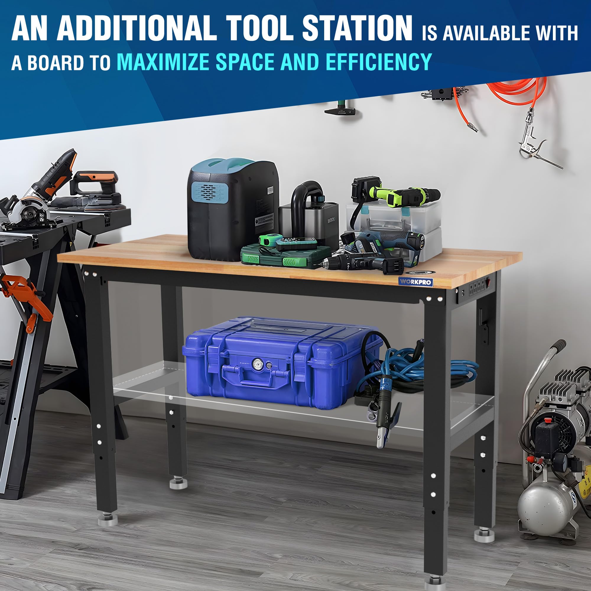 Workpro Adjustable Garage Workbench, 48'X22' Rubber Wood Top Heavy-Duty Work Desk With Power Outlets, Leveling Foot, 5 Heights, 1500 Lbs Load Capacity Work Benches For Garage, Workshop, Office, Home