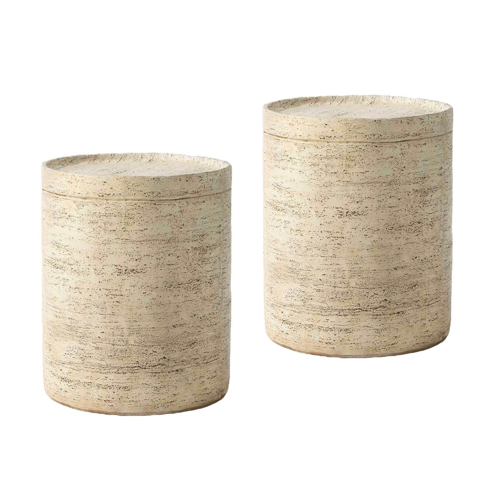 COSIEST 2 Pieces Outdoor Side Table, Set of 2 Cylinder Shaped MgO Patio End Table, Lightweight Accent Table with Tray Top, Round