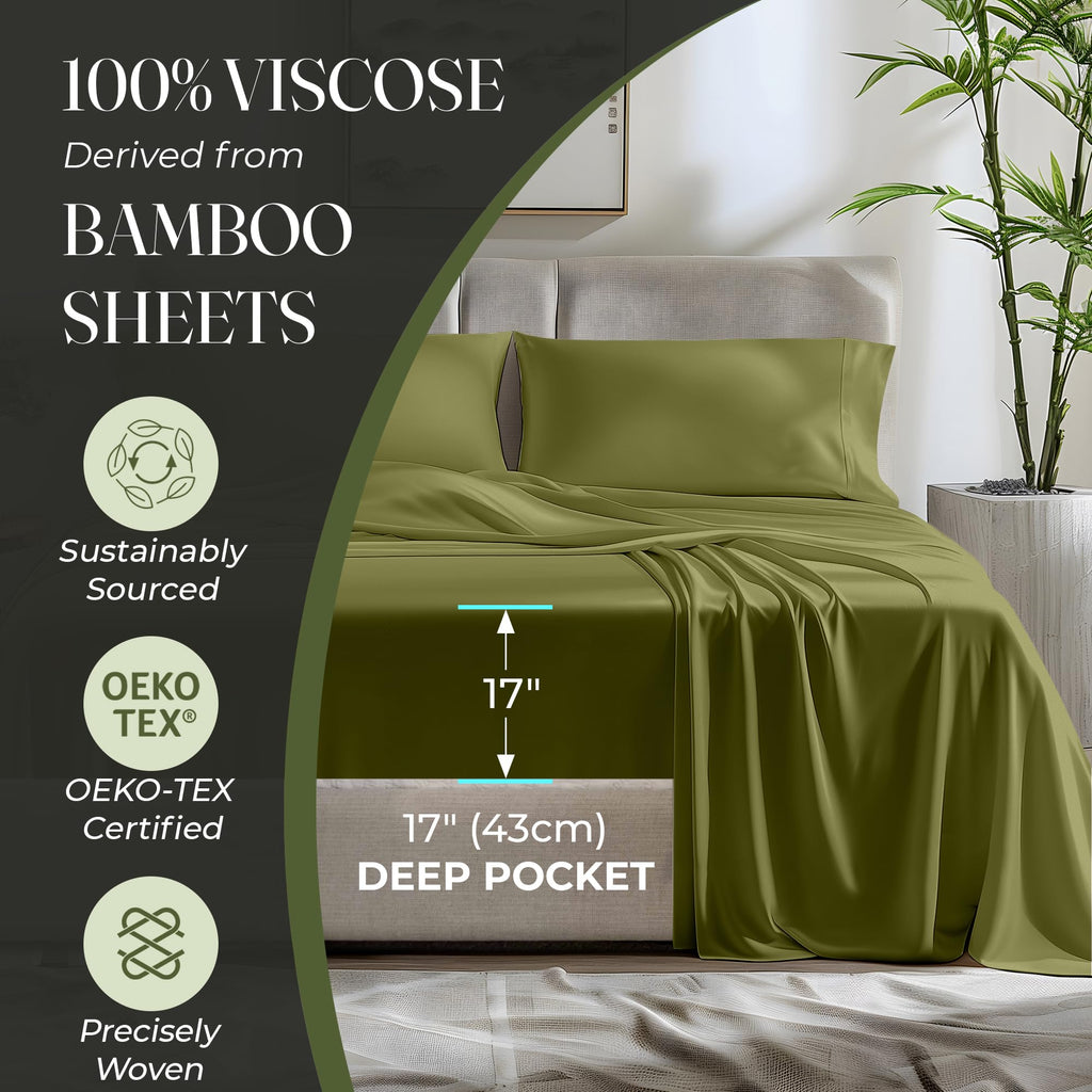 DECOLURE Viscose from Bamboo Sheets Twin Size 3pcs Light Olive Ultra Soft Cooling 17" Deep Pocket