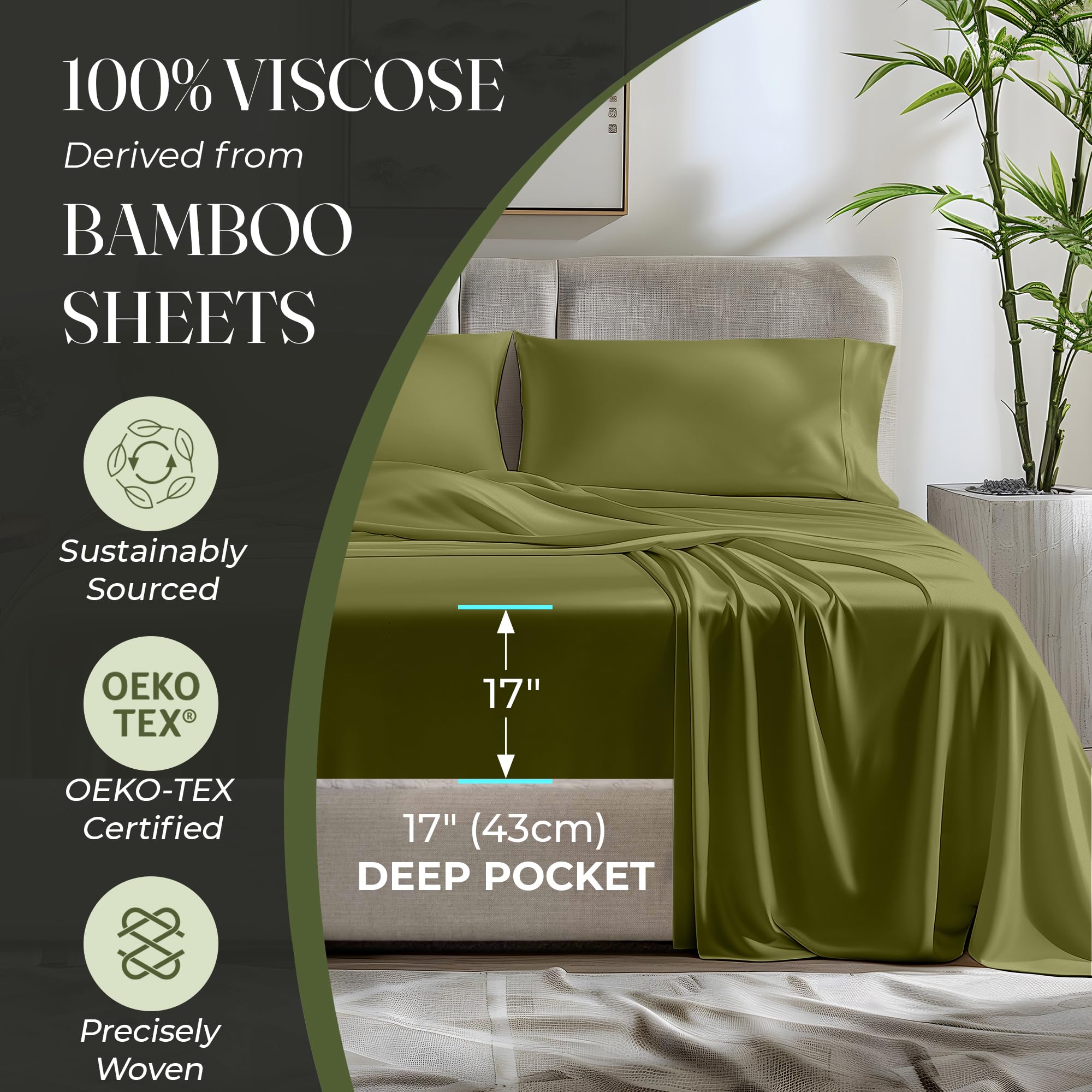 DECOLURE Viscose from Bamboo Sheets Twin Size 3pcs Light Olive Ultra Soft Cooling 17" Deep Pocket