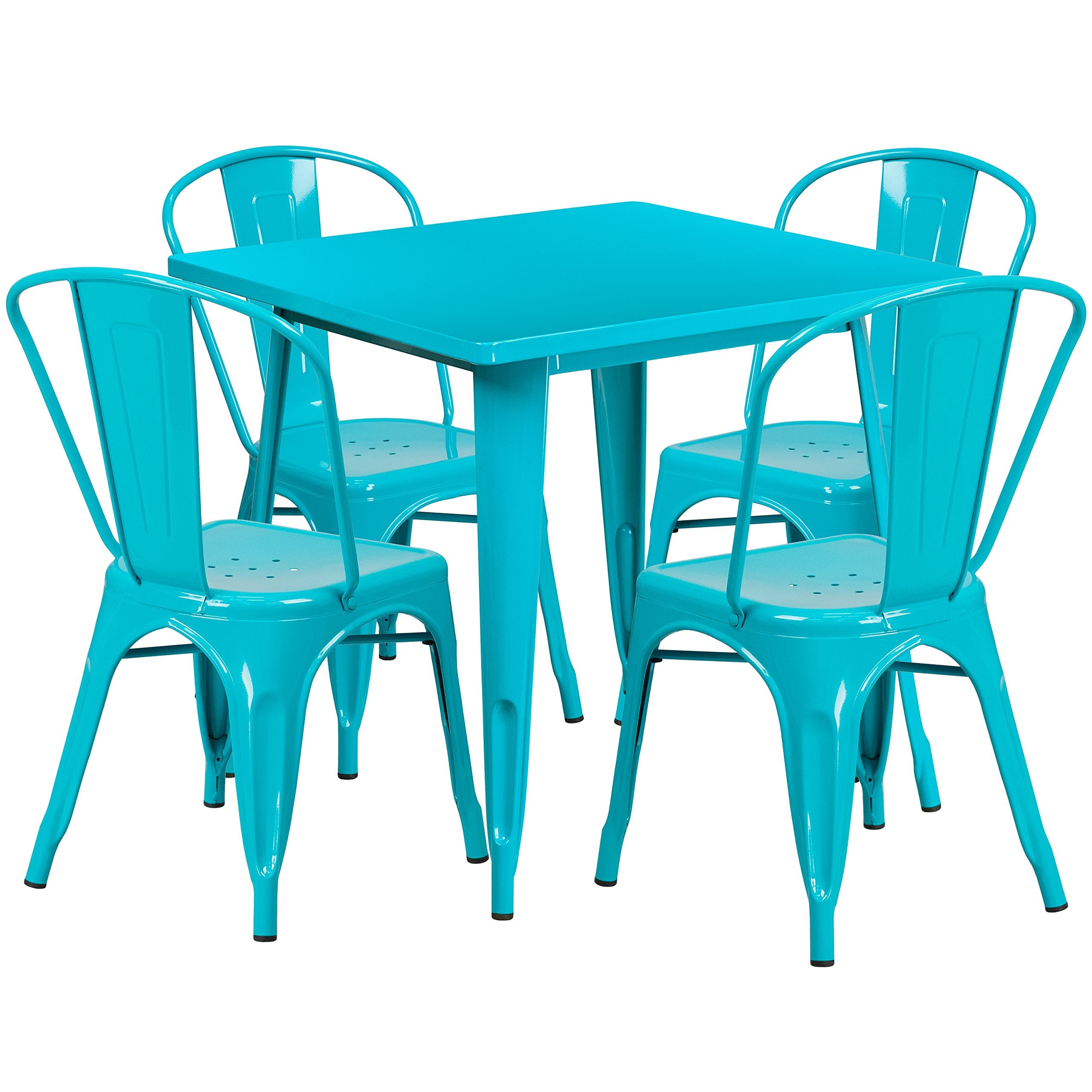 Flash Furniture Commercial Grade 31.5' Square Crystal Teal-Blue Metal Indoor-Outdoor Table Set With 4 Stack Chairs