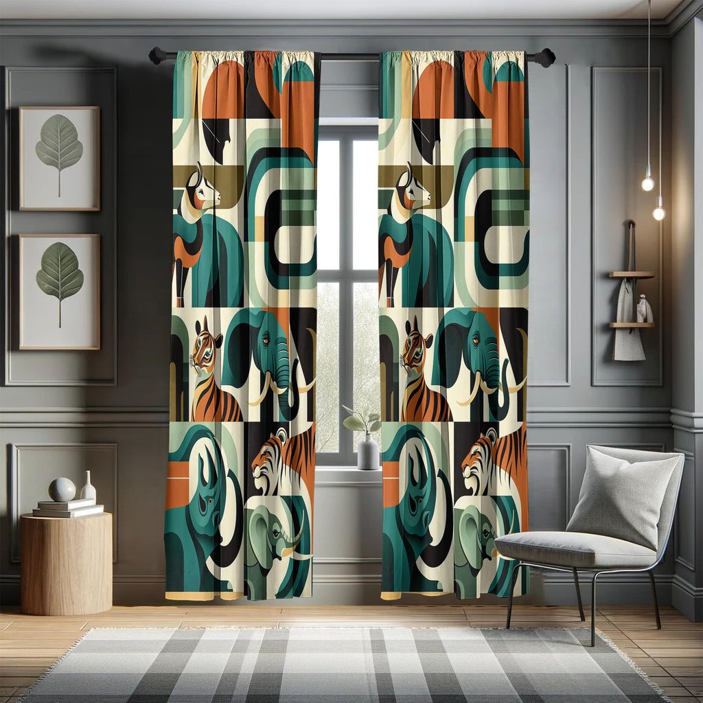 Ambesonne Animals Window Curtains Pack Of 2, Urban Jungle Themed Modern Boho Detail Roundy Fox Elephant Tiger Print, Lightweight