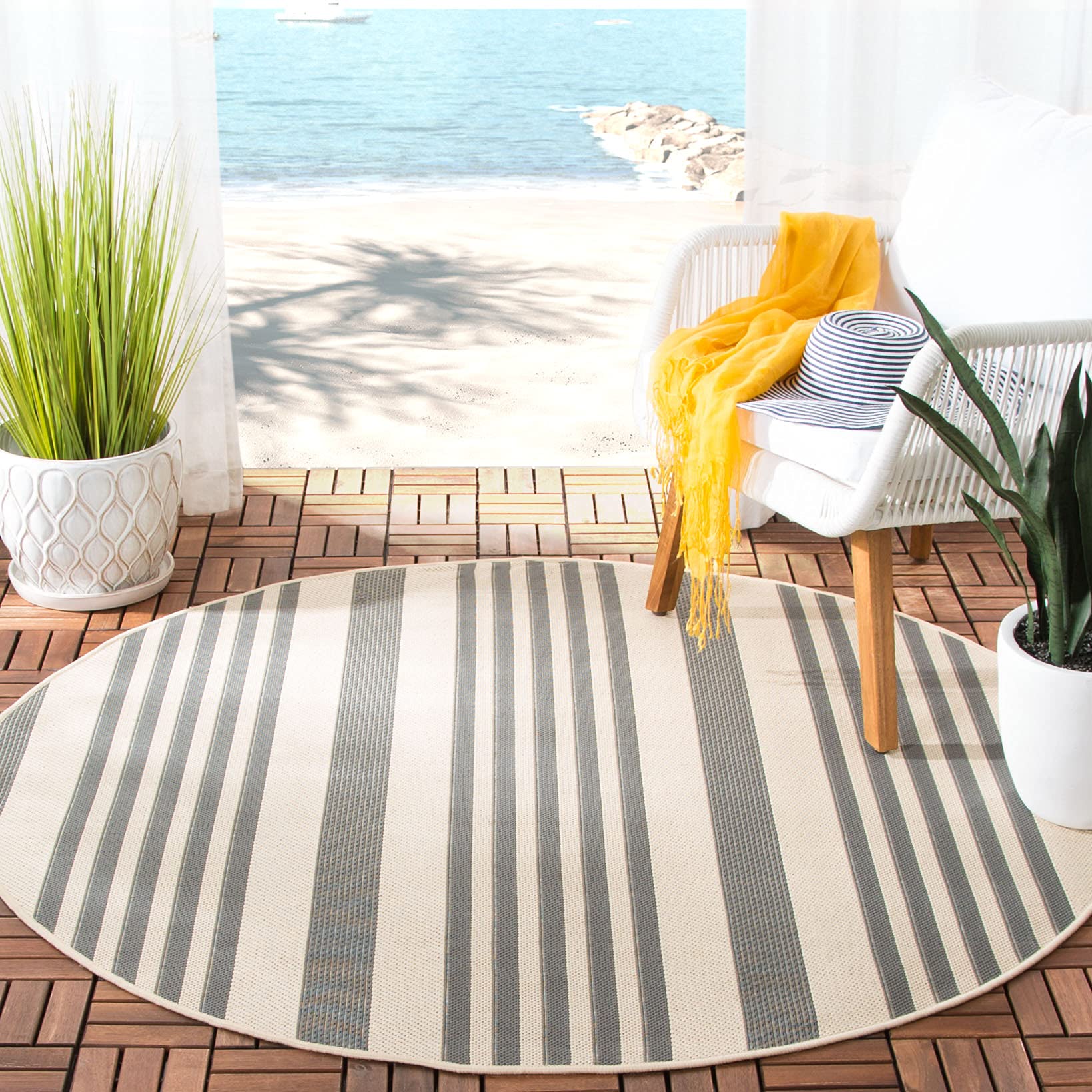 Safavieh Courtyard Collection Area Rug - 6'7'' Round, Grey & Bone, Stripe Design, Non-Shedding & Easy Care, Indoor/Outdoor & Was