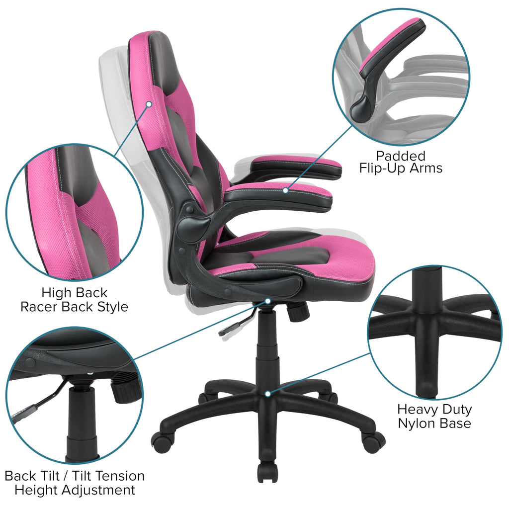Flash Furniture Gaming Desk and Pink/Black Racing Chair Set/Cup Holder/Headphone Hook/Removable Mouse Pad Top - 2 Wire Management Holes