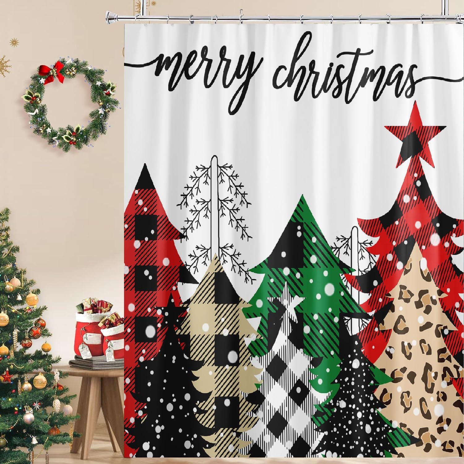 Bivinar Christmas Tree Shower Curtain, Merry Christmas Buffalo Plaid Farmhouse Shower Curtain, Waterproof Fabric Winter Bathroom