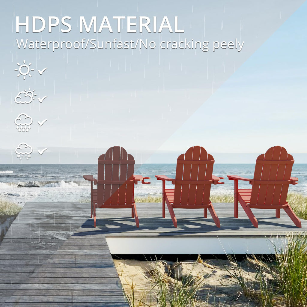 Lue Bona Hdps Adirondack Chairs Set Of 4, Fire Pit Outdoor Chair Weather Resistant With Cup Holder, Modern Plastic Chair Plastic For Patio, Deck, Proch, 350Lbs, Red