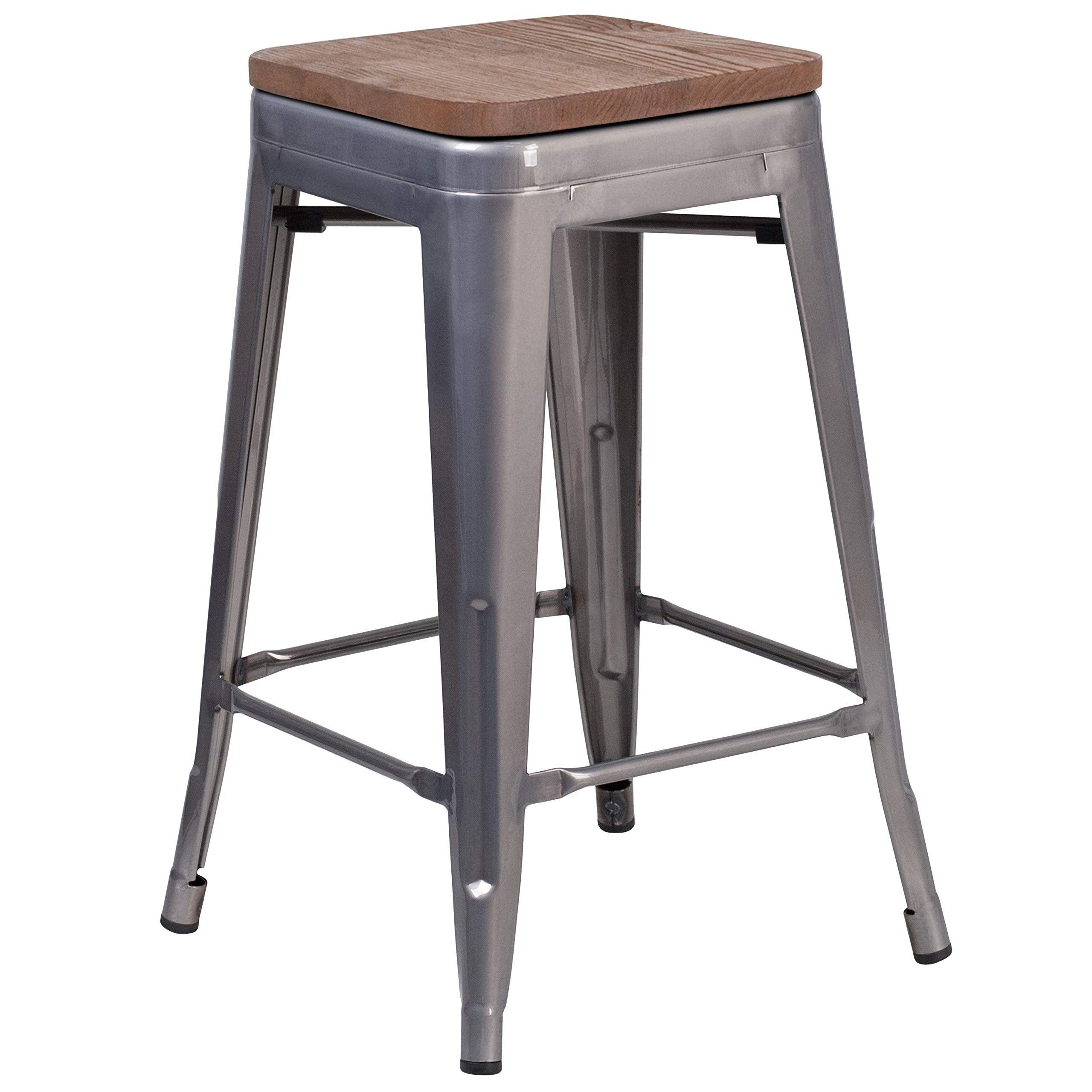 Flash Furniture Lincoln 24' High Backless Clear Coated Metal Counter Height Stool With Square Wood Seat