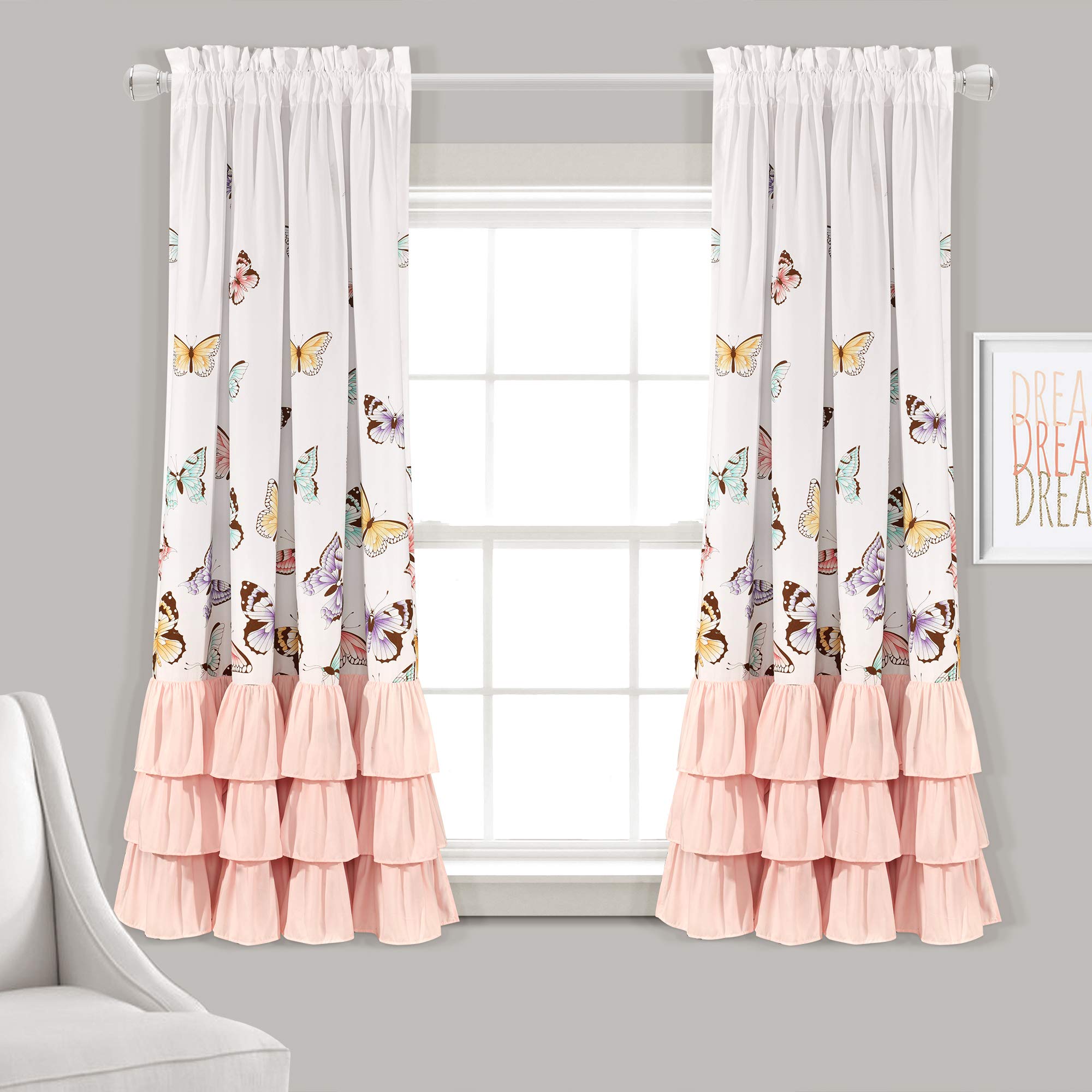 Lush Decor Flutter Butterfly Window Curtain Panel Pair, 52'W X 63'L, Pink