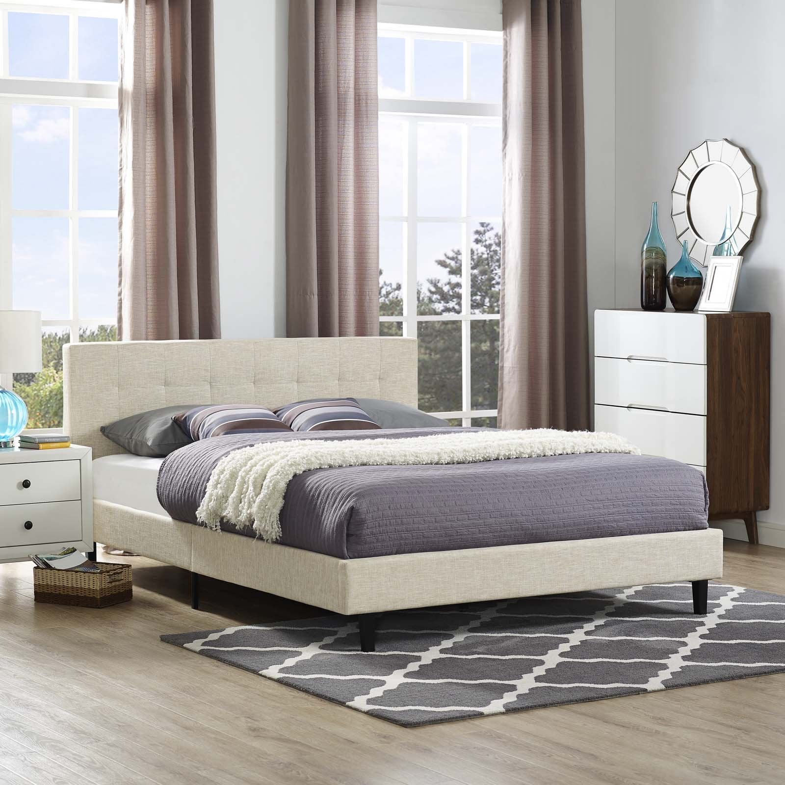 CasaFoyer  Linnea Platform Bed | Elegant Upholstered Full Bed | Tufted Headboard | Wood Legs | Slatted Support System | Beige