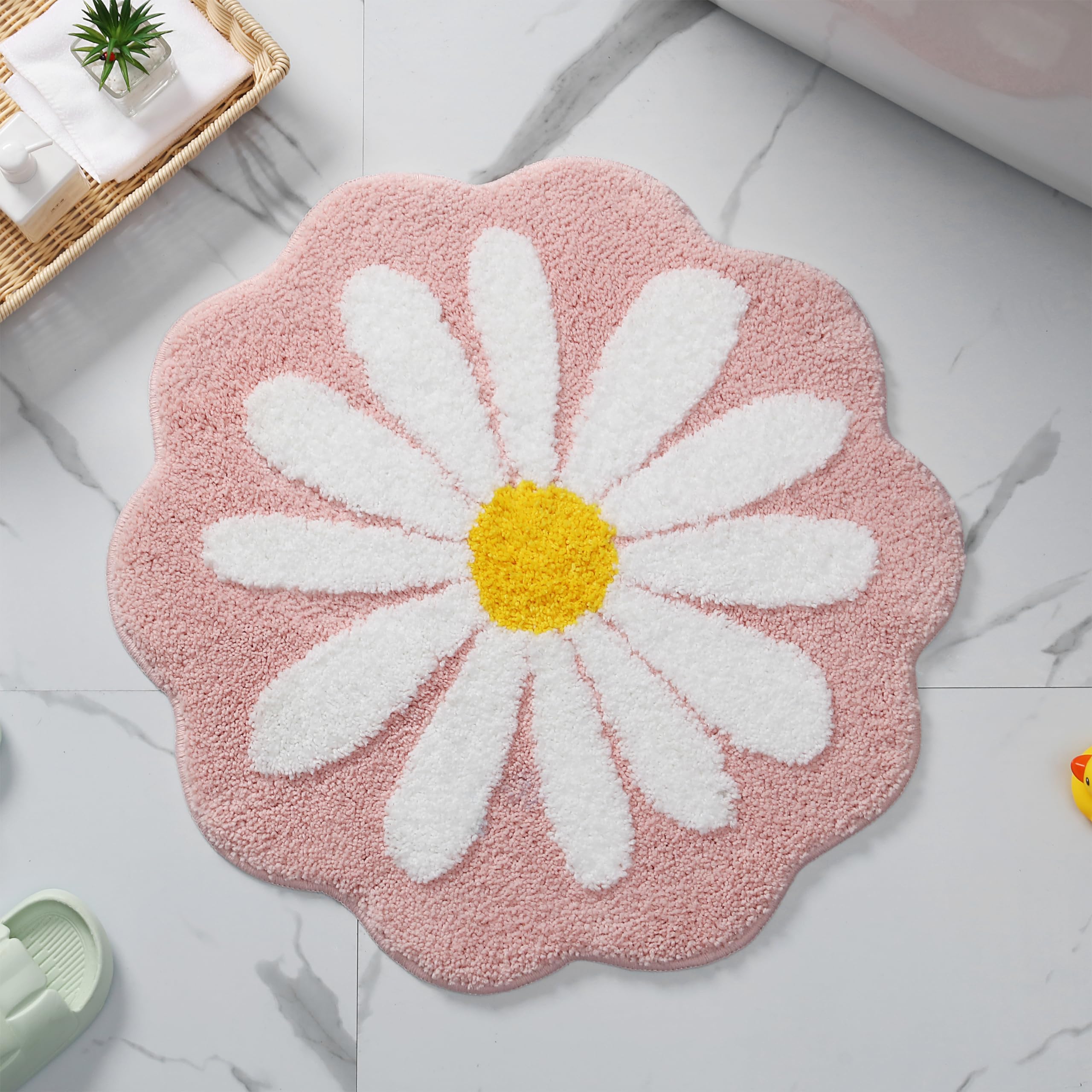 Cute Bath Mat,Pink Flower Rug,Water Absorption Non Slip Mat,Soft Machine Wash Rug Mat for Bedroom Kitchen Bathroom Toilet Floors