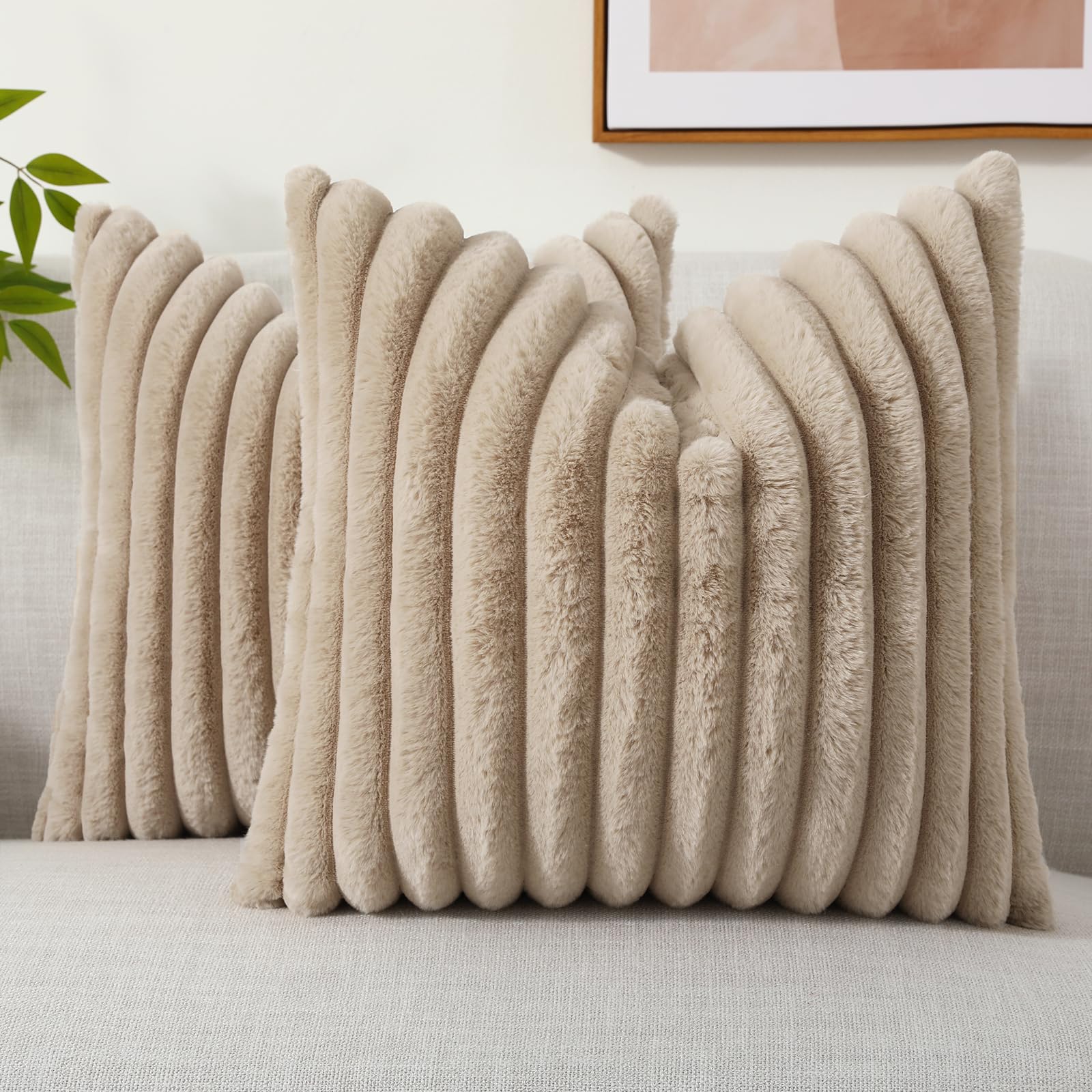 Decoruhome Faux Fur Throw Pillow Covers 20X20 Set Of 2, Decorative Soft Plush Striped Couch Pillow Covers With Velvet Back For Sofa, Bed, Living Room, Khaki