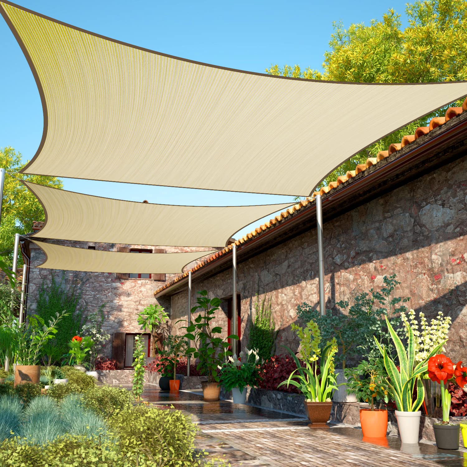 Shademart 10' X 16' Beige Rectangle Sun Shade Sail Canopy Smtapr1016, Water Permeable & Uv Block, Heavy Duty, Easy Install & Dur