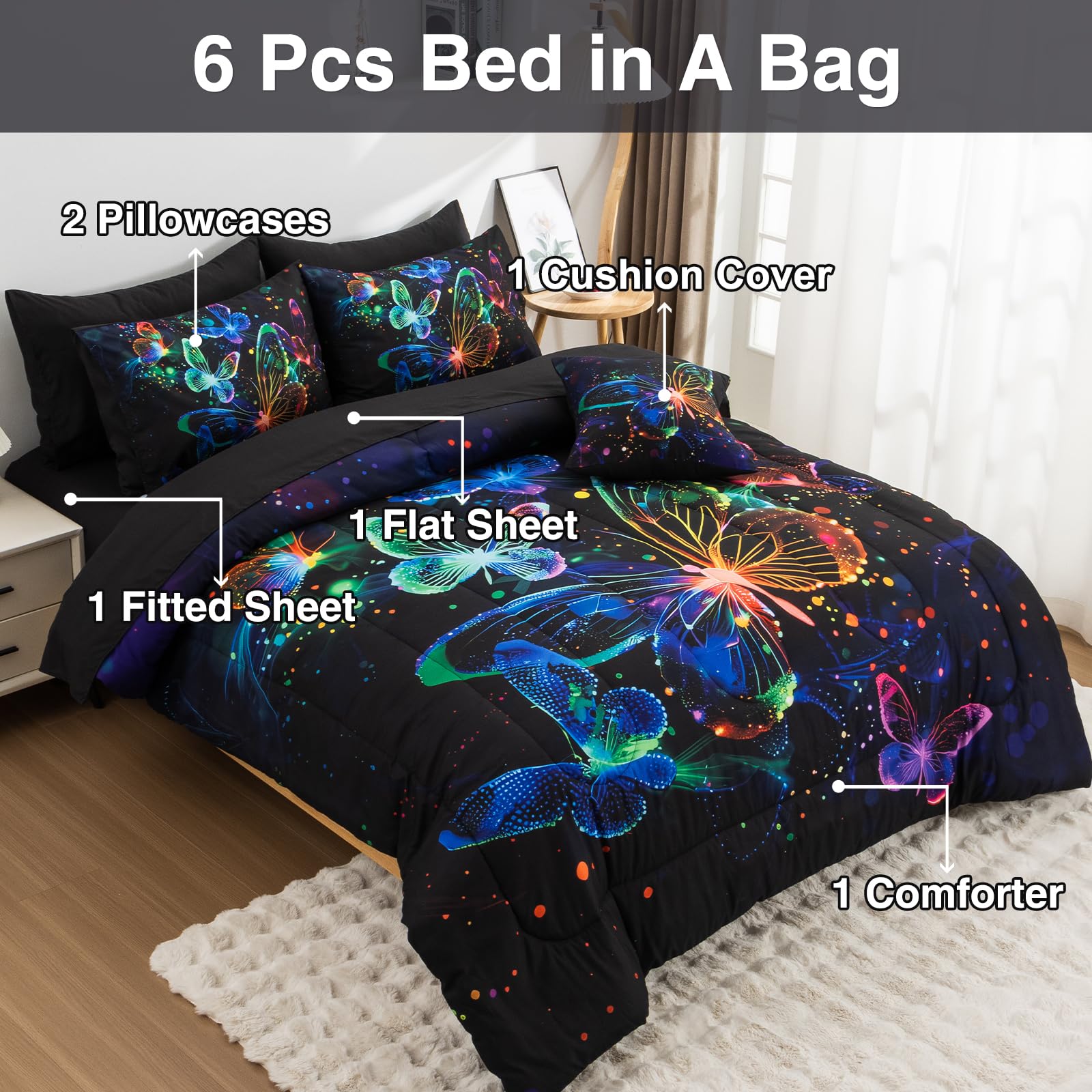 A Nice Night Galaxy Bedding Sets,3D Butterfly Flying In Space Printed,Glitter Butterflies 6Pcs Bed In A Bag Queen Comforter Set,