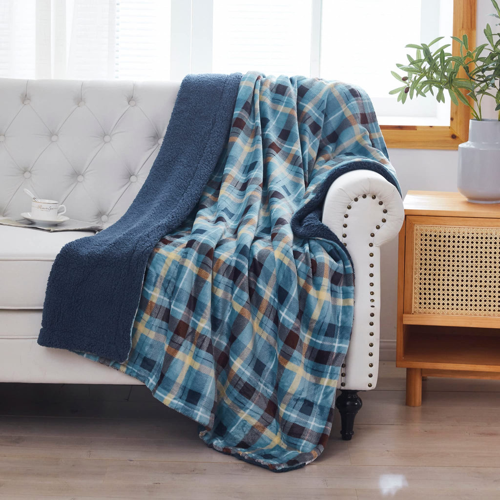 HomeRoots Ambrose Blue Reversible Velvet and Sherpa Throw Blanket