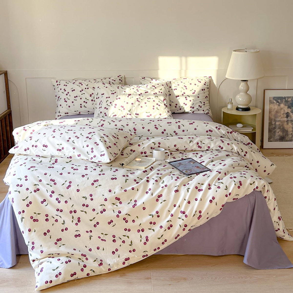 Vm Vougemarket Girls Cherry Prints Bedding Set Queen Purple White Duvet Cover With 2 Pillowcases 100% Cotton Teen Girls Fruit Co