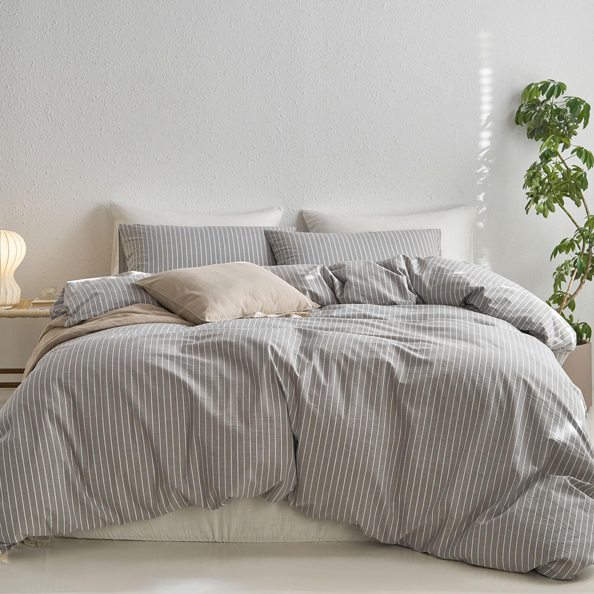 Moomee Bedding Duvet Cover Set Striped 100% Washed Cotton Linen Like Textured Breathable Durable Soft Comfy (Light Grey White Wi