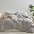 Moomee Striped Duvet Cover Set 100% Washed Cotton Linen Like Textured Breathable Durable Soft Comfy (Light Grey White Wide Strip