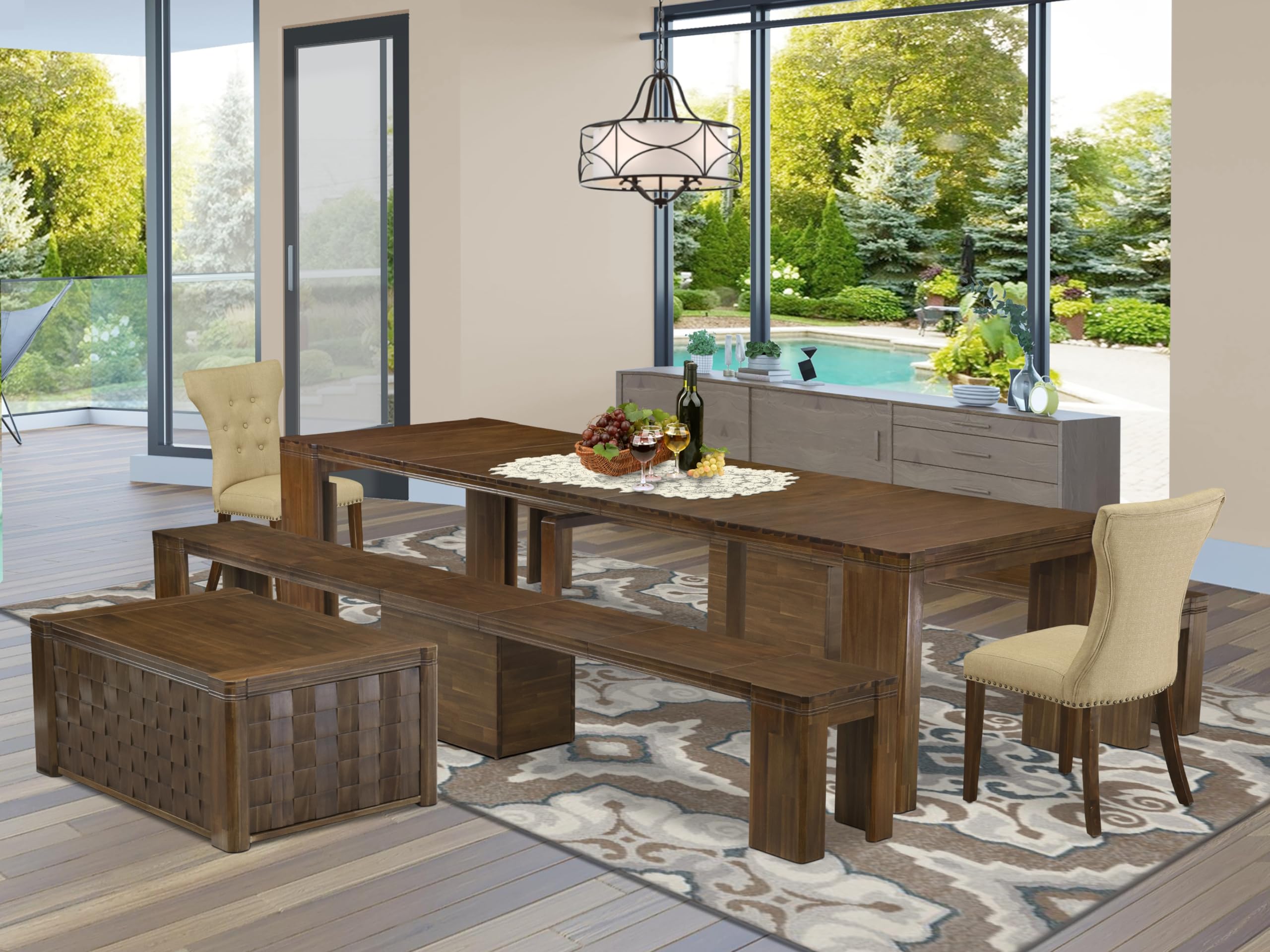 Luxe by East West Furniture - X02GA-2C8-03 - 6 Pieces Dining Table Set includes an Extendable Rectangle Kitchen Table, 1 Coffee Table, 2 Dining Chairs and 2 Benches, 39x120 Inch, Antique Walnut