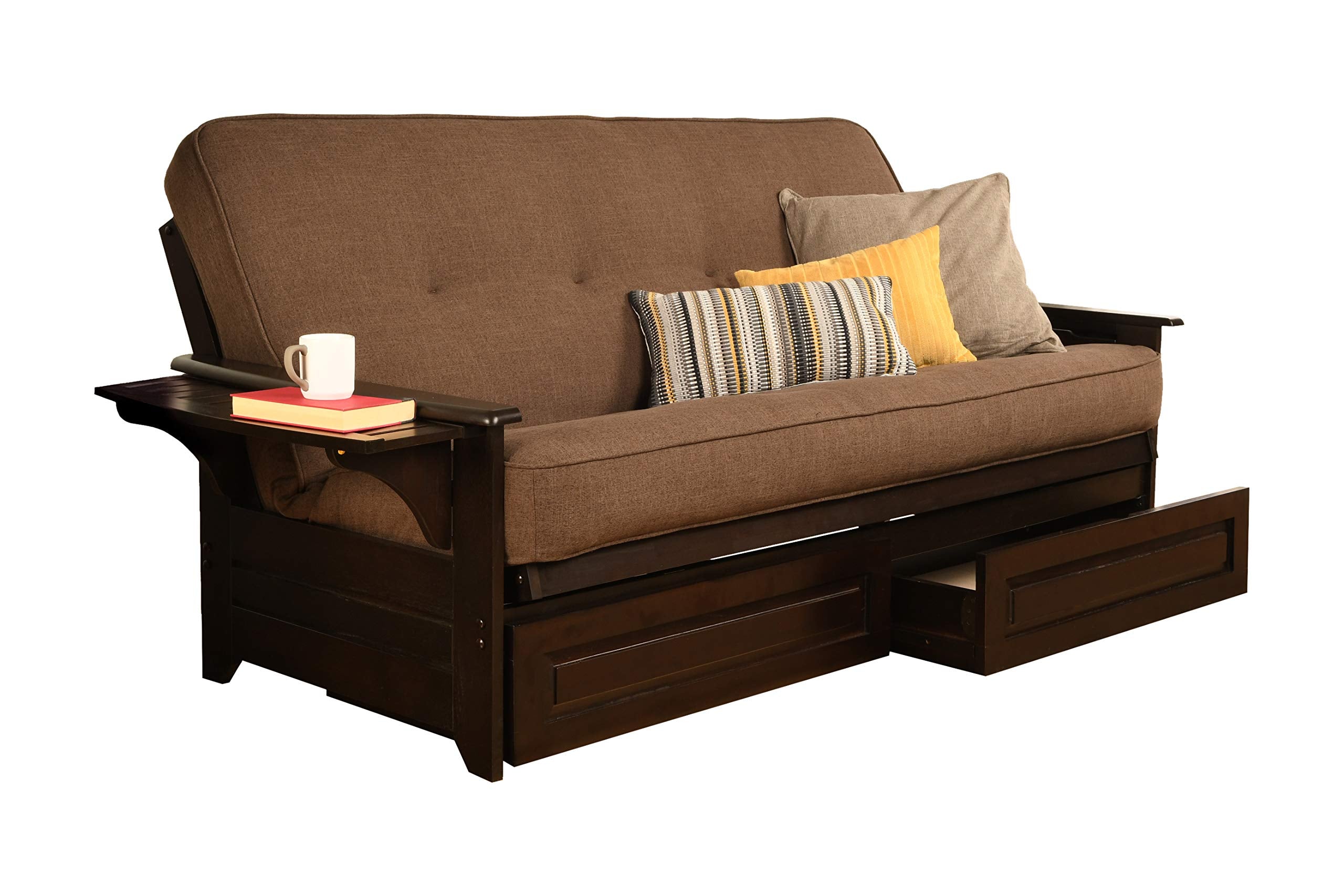 Kodiak Furniture Phoenix Full Size Futon in Espresso Finish with Storage Drawers, Linen Cocoa