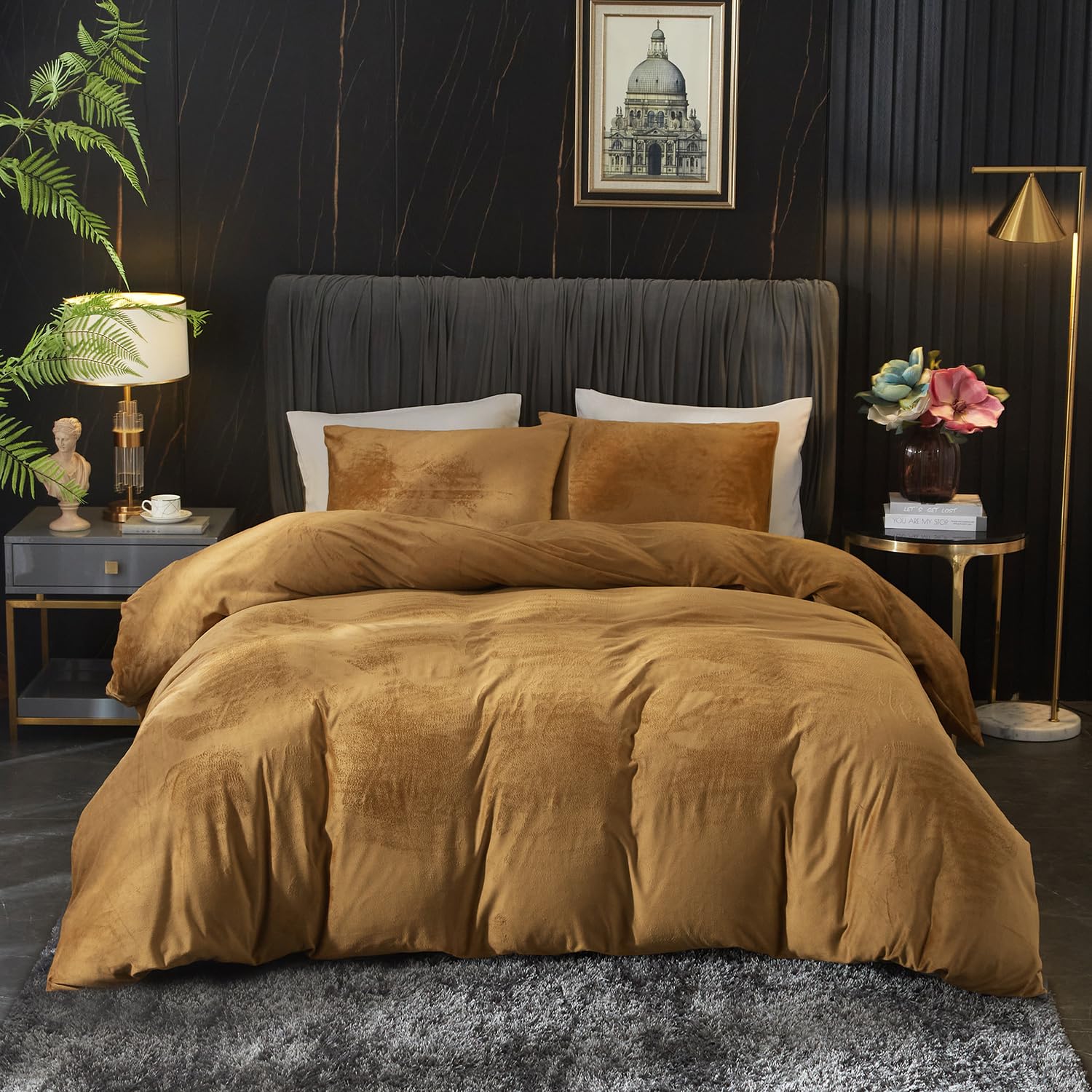 Ivellow Velvet Flannel Duvet Cover King Size Rust Duvet Cover King Velvet Comforter Cover Set Ultra Soft Breathable Cozy Velour