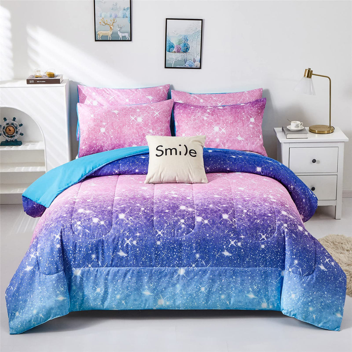 Kiddiku Purple Glitter Comforter Set Twin Size For Girls, Sparkle Galaxy Twinkle Starlight Comforter For Twin(2-Piece)