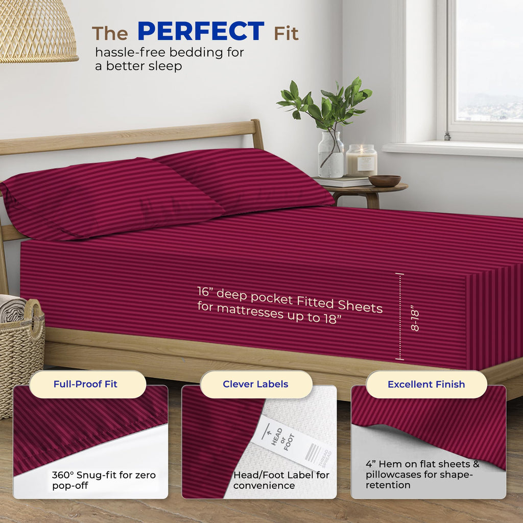 Thread Spread Striped Egyptian Cotton Sheets Twin Xl Size - 600 Thread Count 3 Pc Damask Twin Xl Sheets Deep Pocket, Sateen Weave College Dorm Bedding Twin Xl, Fits Mattress Upto 18' - Burgundy Stripe