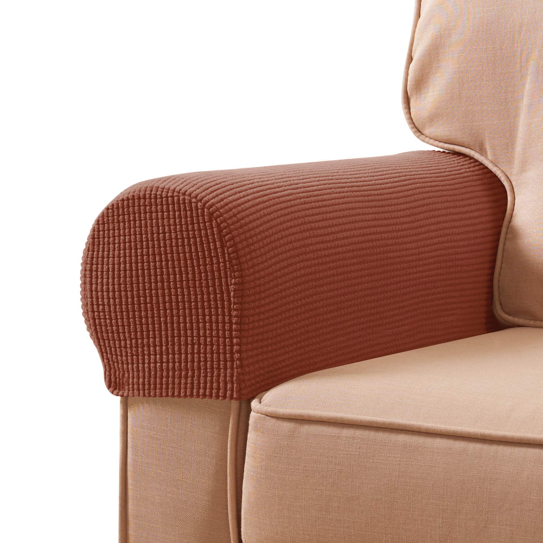 Subrtex Stretch Armrest Covers Spandex Anti-Slip Arm Covers For Chairs Sofa Armchair Slipcovers For Recliner Sofa With Twist Pins 2Pcs (Brick)