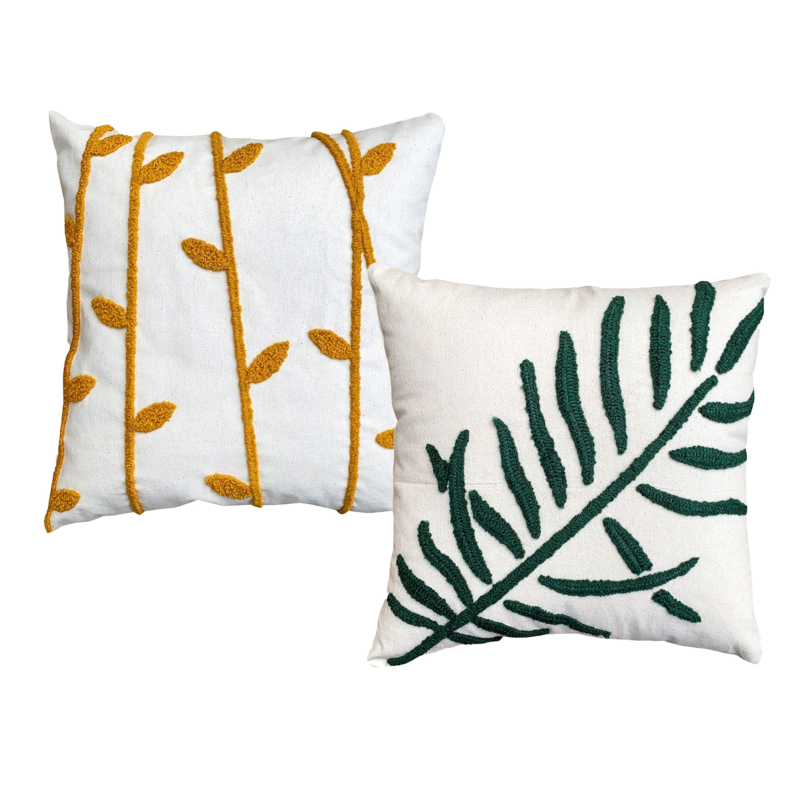 TUP The Urban Port 17 x 17 Inch Square Cotton Accent Throw Pillows, Leaf Embroidery, Set of 2, White, Green, Yellow, 17 x 17, Mu