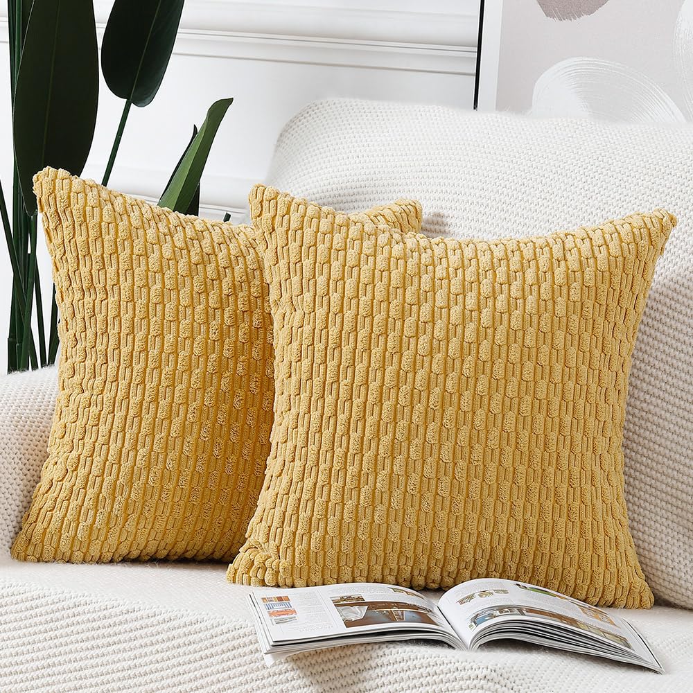 Madizz Pack Of 2 Boho Corduroy Striped Throw Pillow Covers 22X22 Inch Yellow Soft Decorative Cushion Cover For Bedroom Sofa Pill