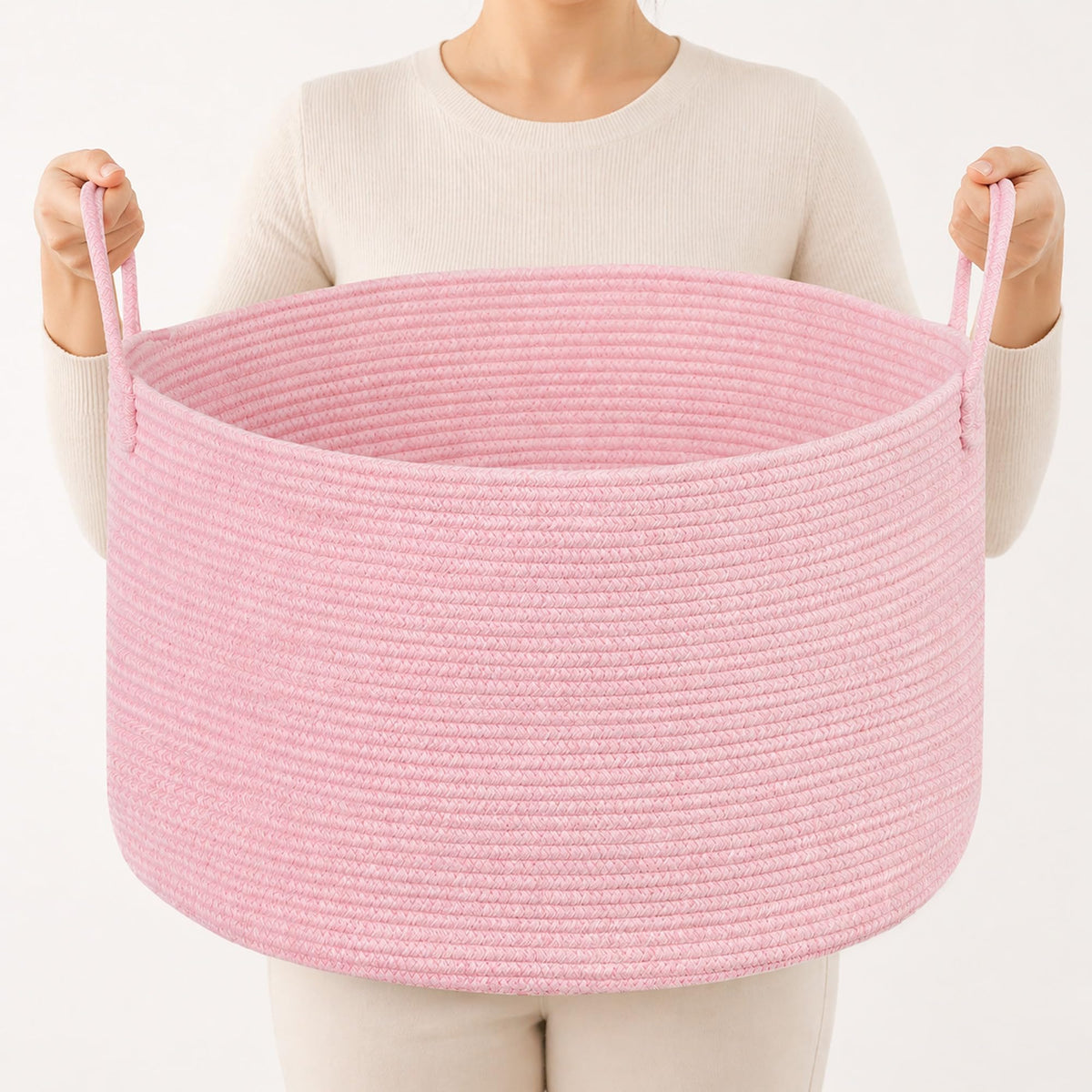 SweetMemo Extra Large Woven Throw Blanket Basket, 20 x 12 in, Blush Pink