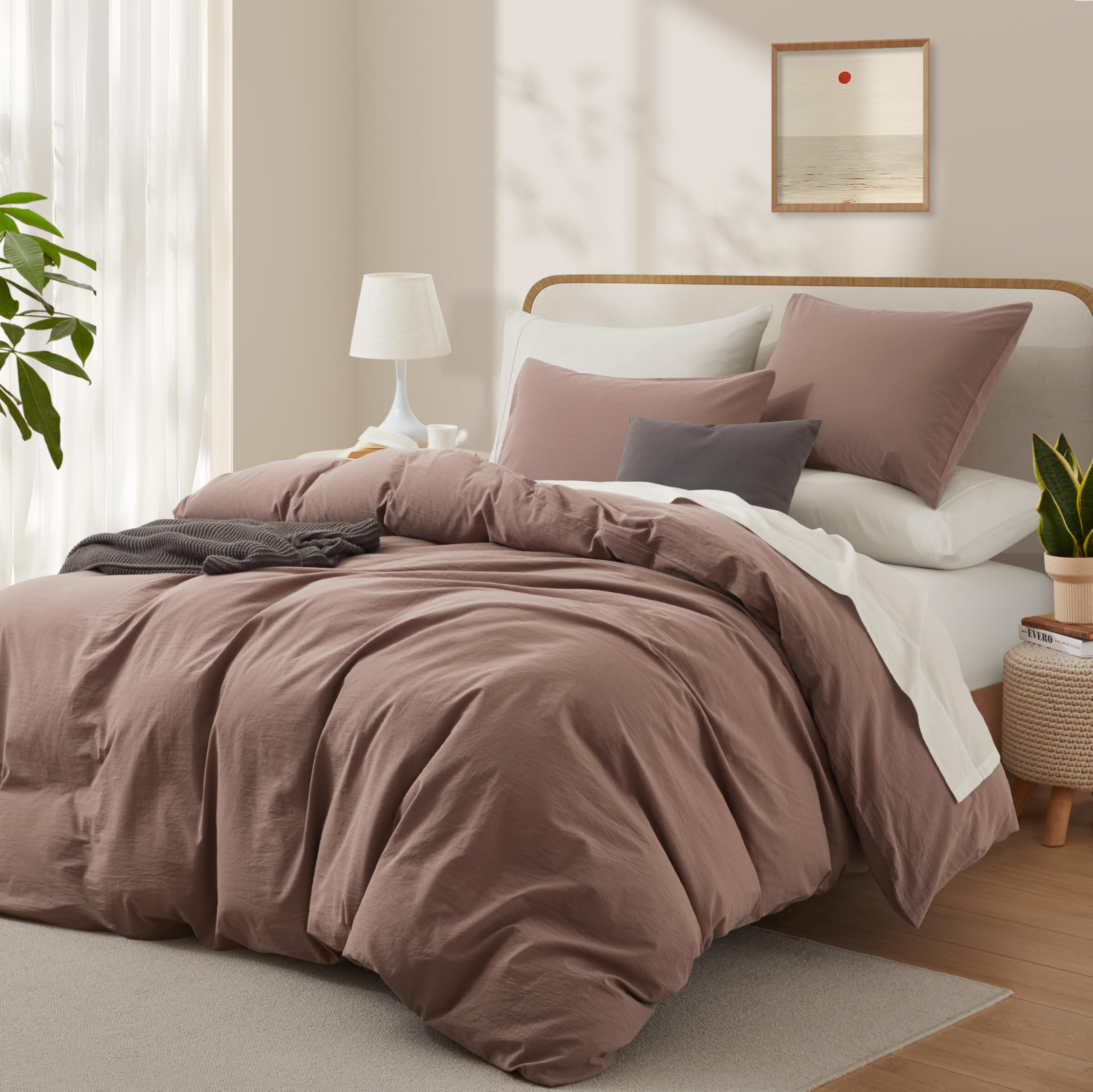 Lovque Mauve Brown Duvet Cover Full Size, 100% Washed Cotton Linen Like Bedding Set With Zipper Closure (No Comforter), 80X90 In